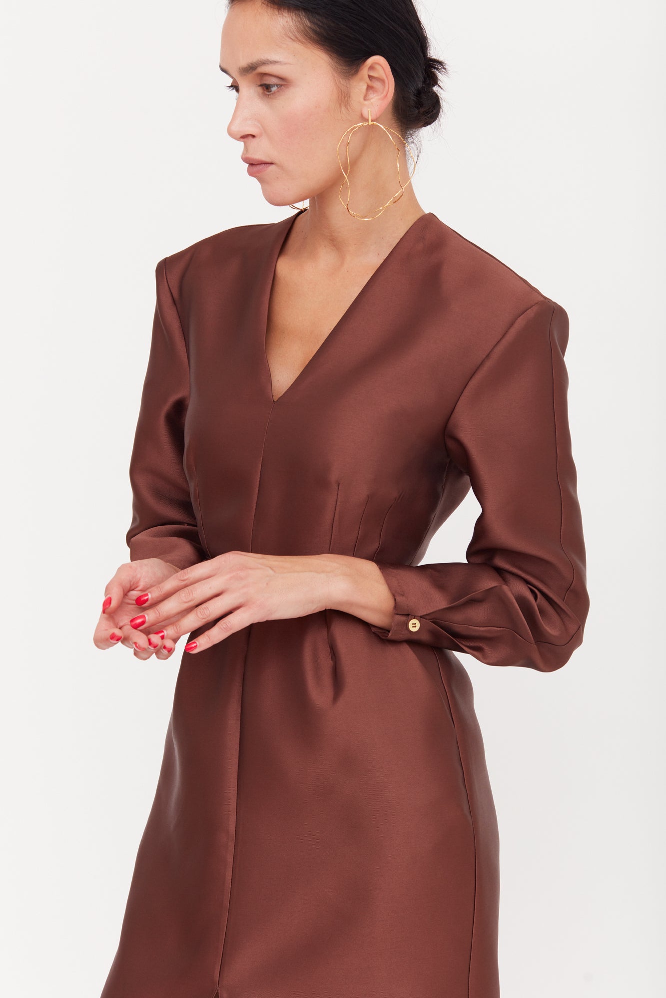 DEMA Brown Shoulder Pad Midi Smart Casual Dress