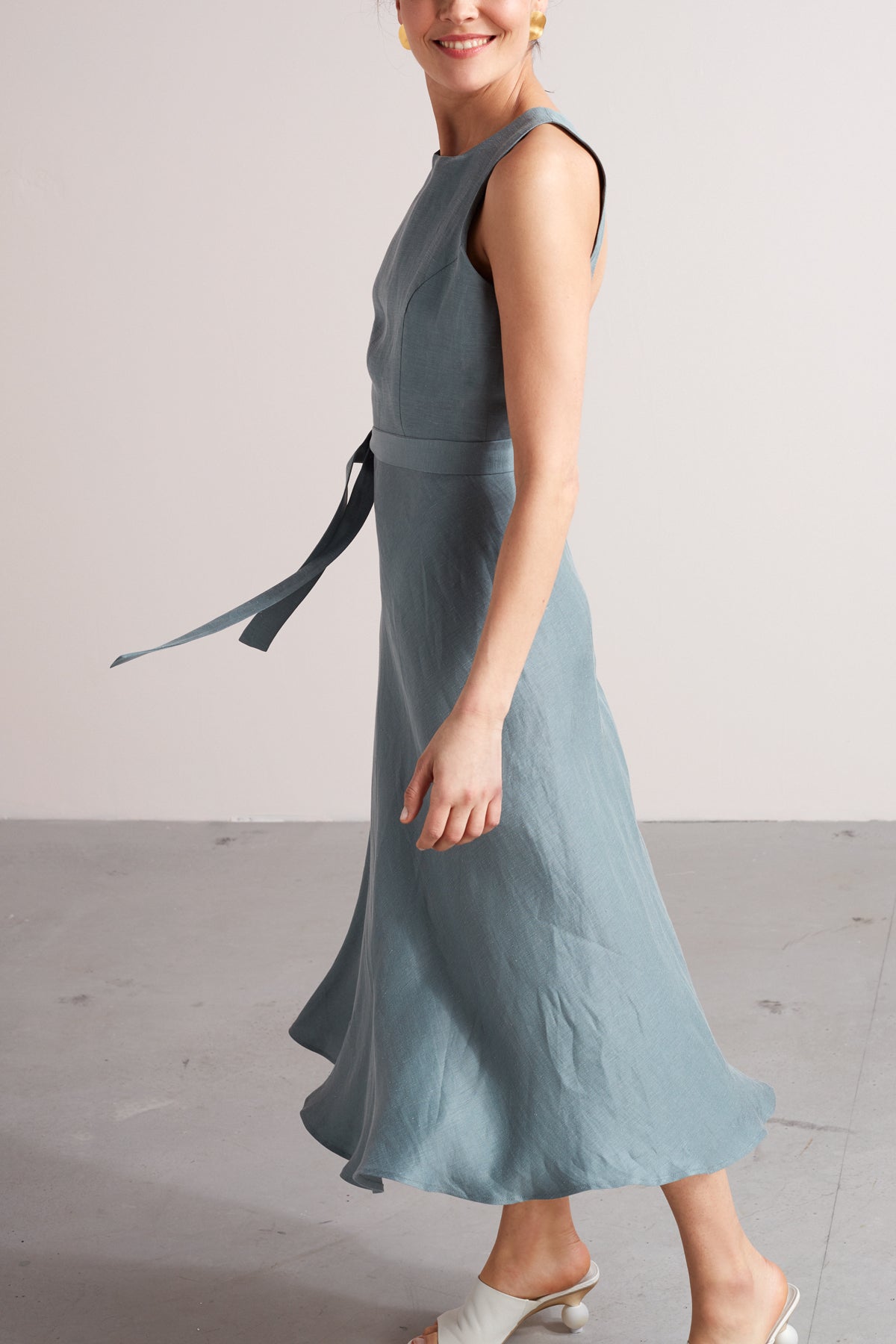 AMILA open back linen midi dress in dusty blue
