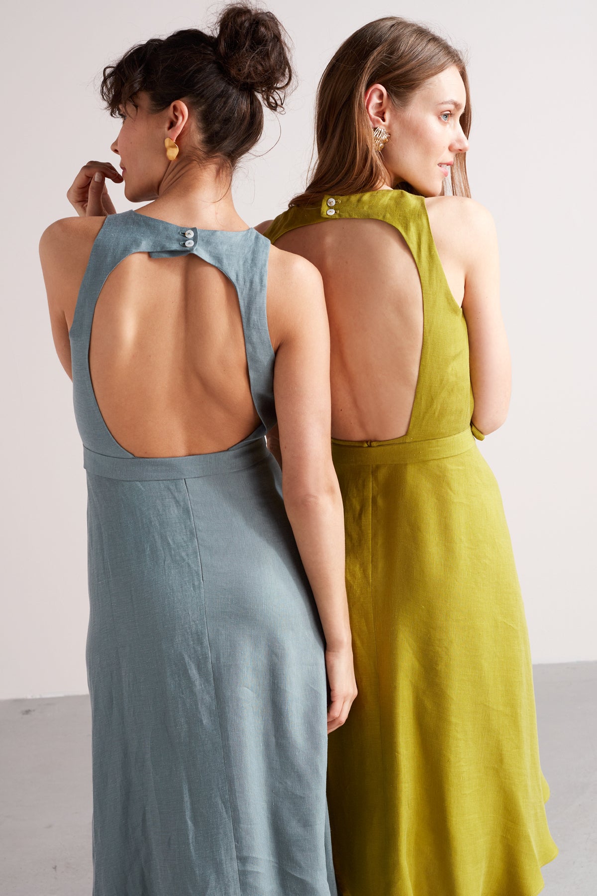 AMILA open back linen cupro midi dress in pear green