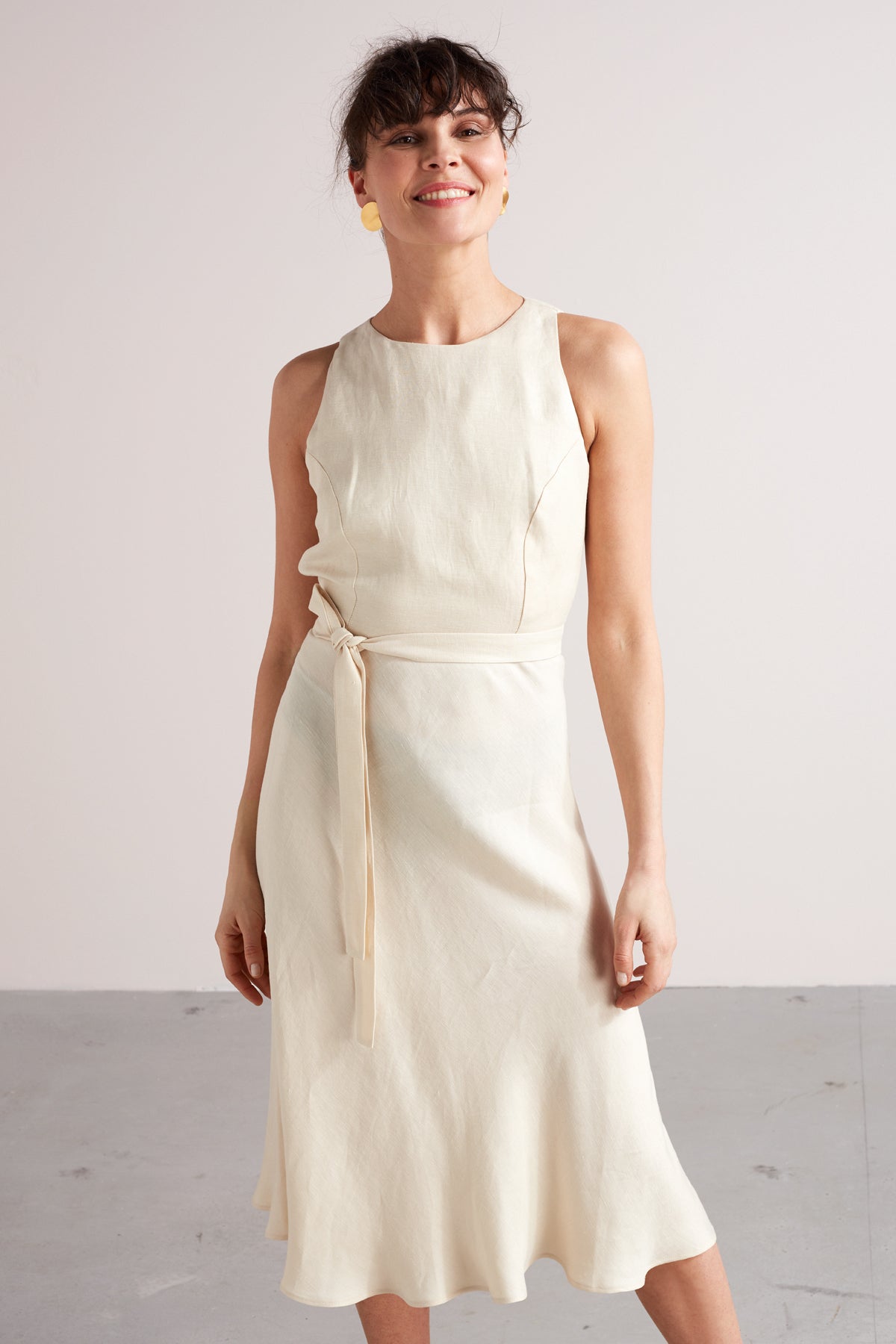 AMILA open back linen midi dress in light cream