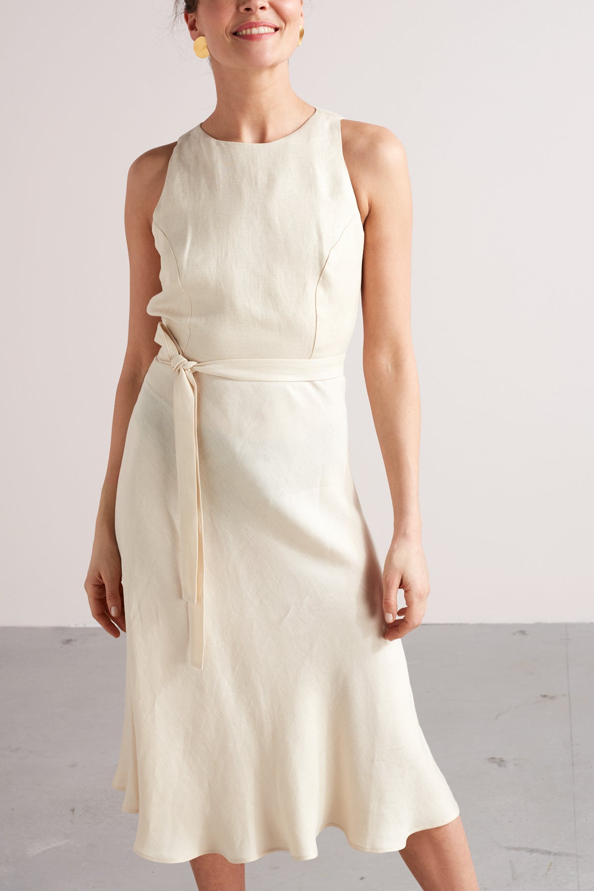 AMILA open back linen midi dress in light cream