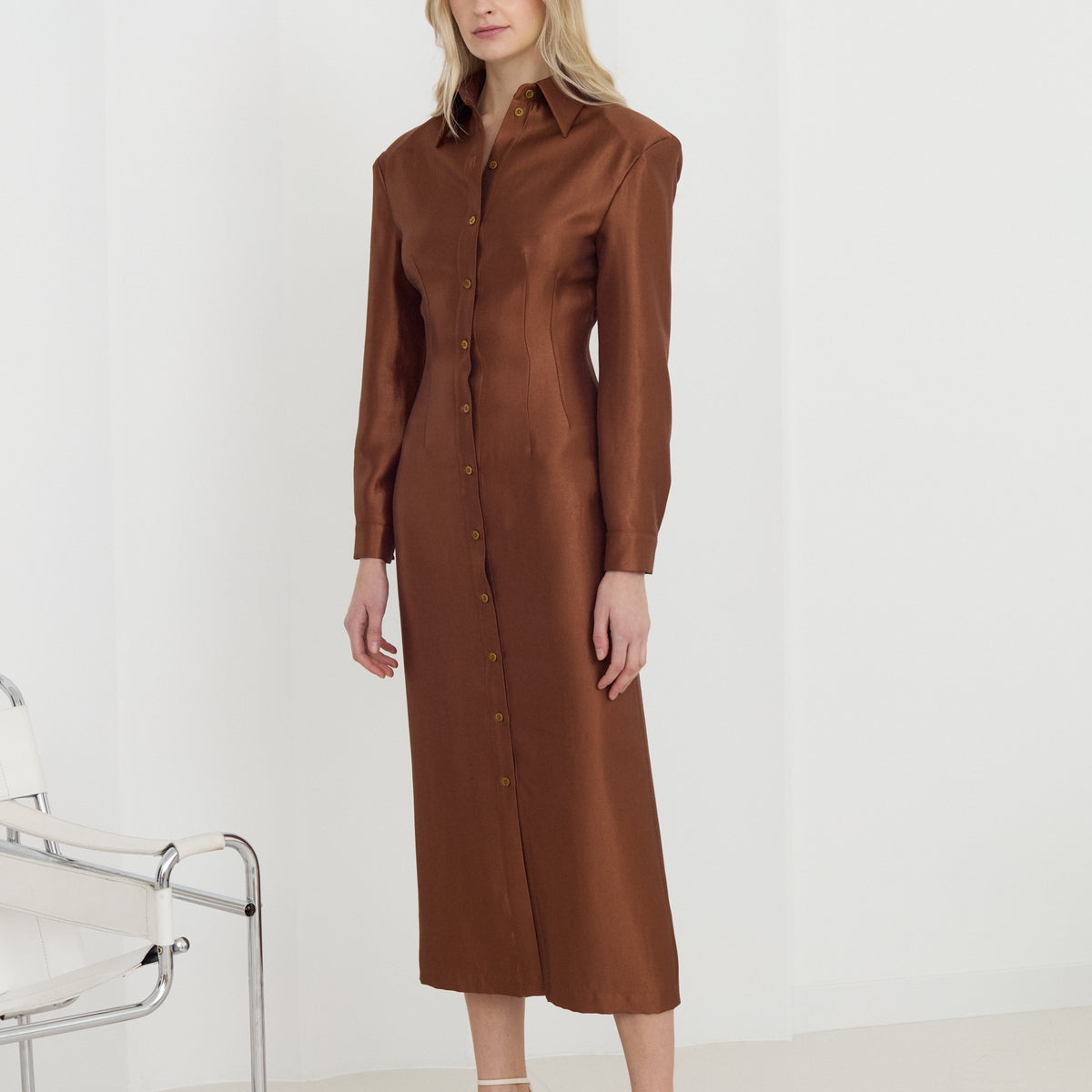 knee length dresses for ladies Brown Midi Shirt Dress With Gold Buttons EDITH