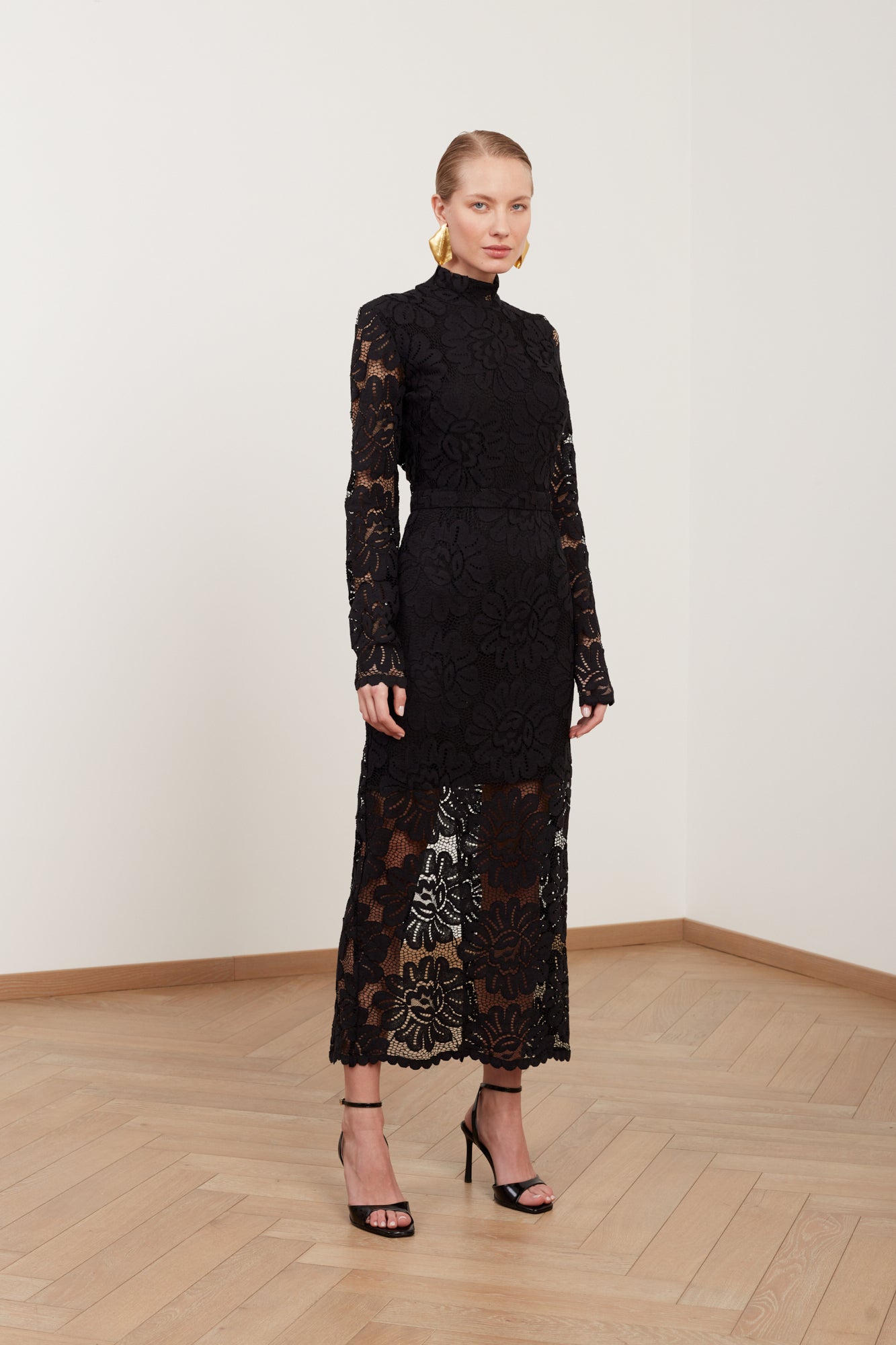 ELENA black floral lace midi dress with open back