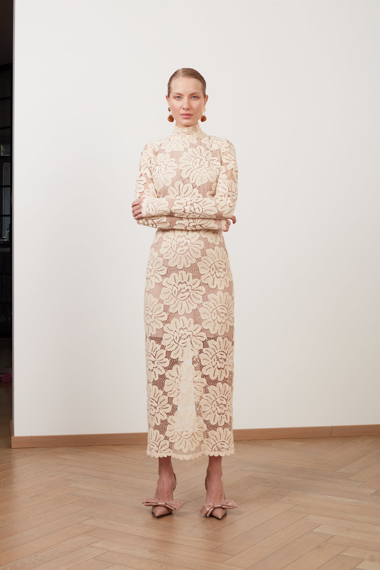 Cream Floral Lace Midi Dress with Turtleneck ELENA | UNDRESS Cream Floral Lace Midi Dress with Turtleneck ELENA | UNDRESS