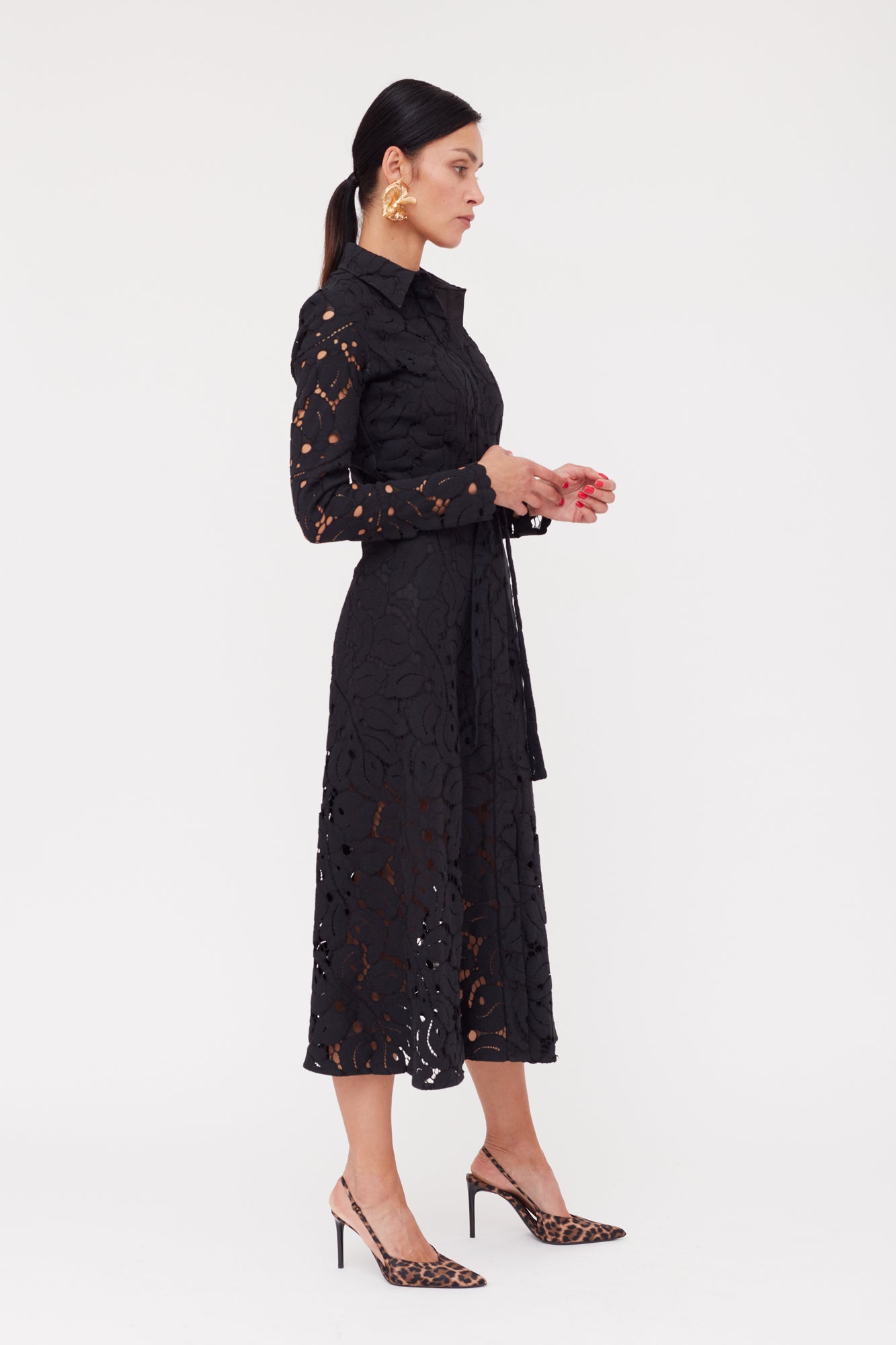 ERBA Black Floral Lace Midi Shirt Dress