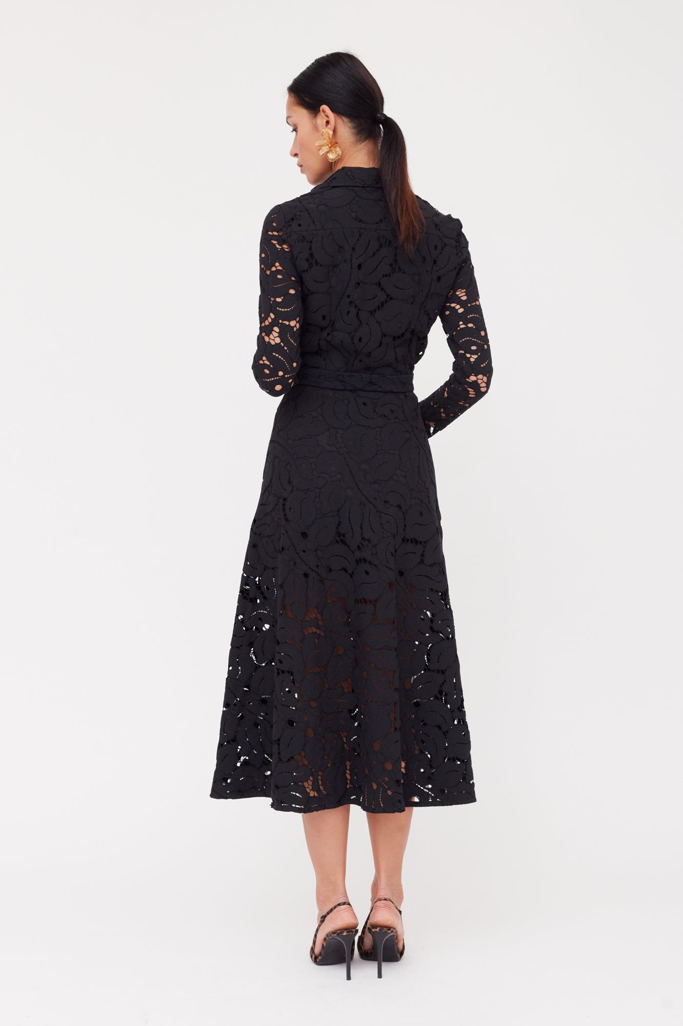 ERBA Black Floral Lace Midi Shirt Dress