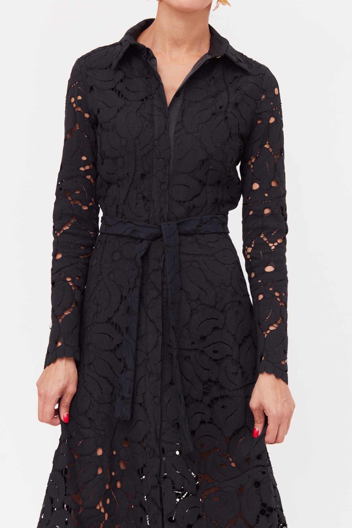 ERBA Black Floral Lace Midi Shirt Dress