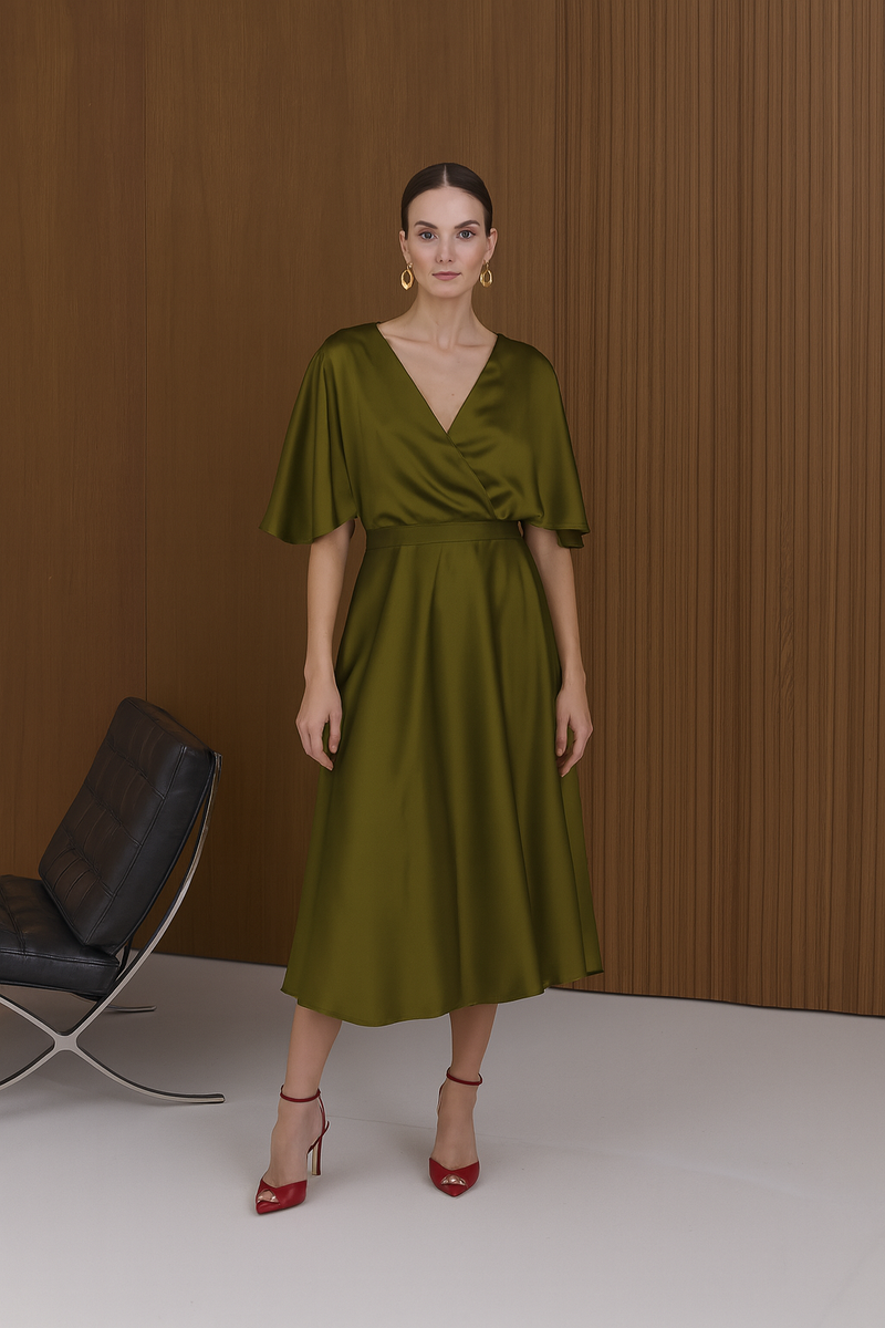 olive green cocktail dress with sleeves Olive Green Mini Dress Italian Silk Satin Cocktail Dress With Long Sleeves