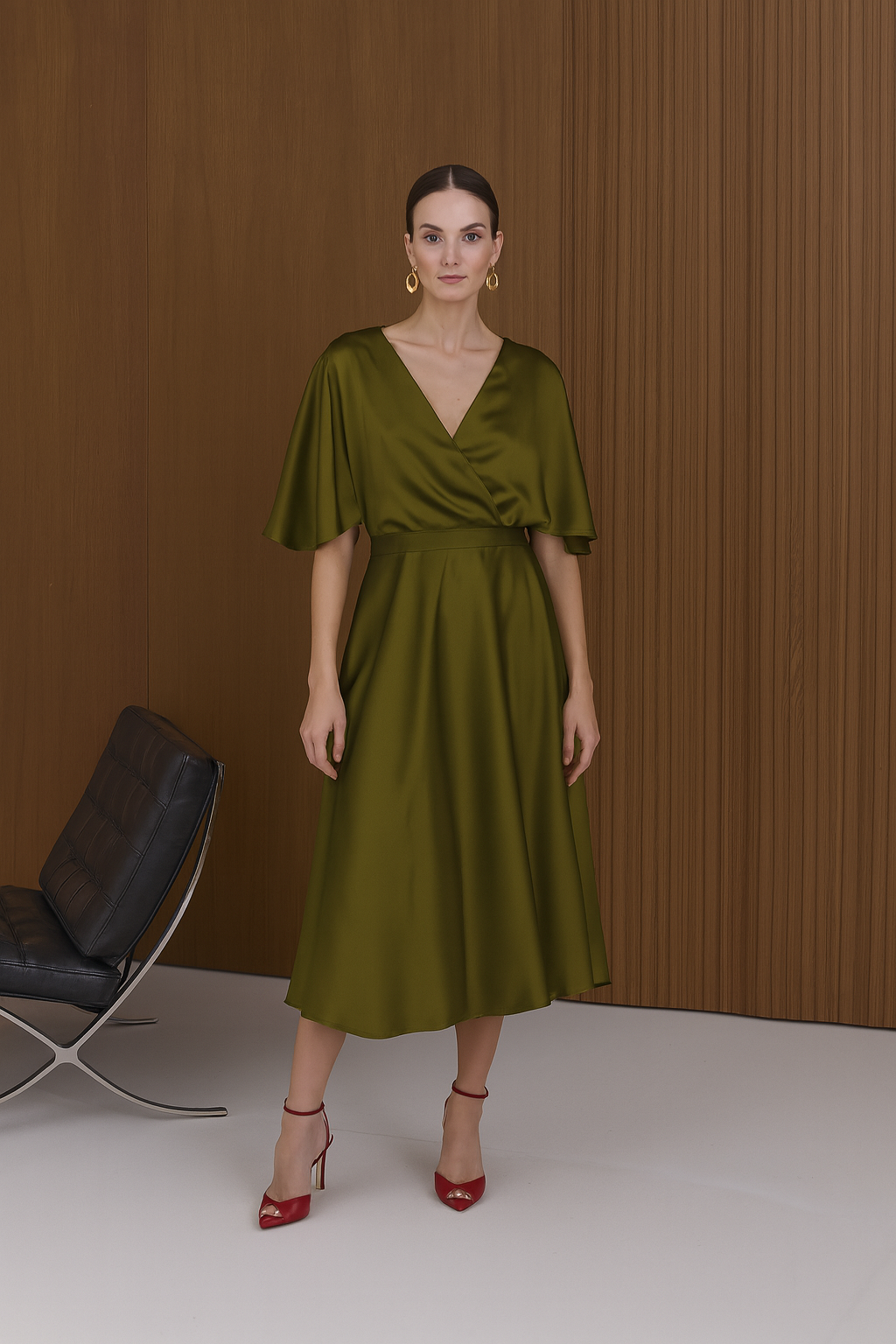 SONYA Olive Green Midi Cocktail Dress With Butterfly Sleeves SONYA Olive Green Midi Cocktail Dress With Butterfly Sleeves