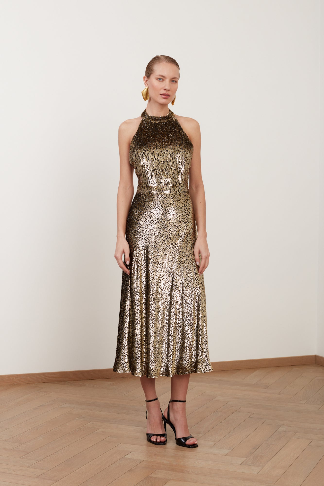 FARAH black golden velvet silk midi dress with open back