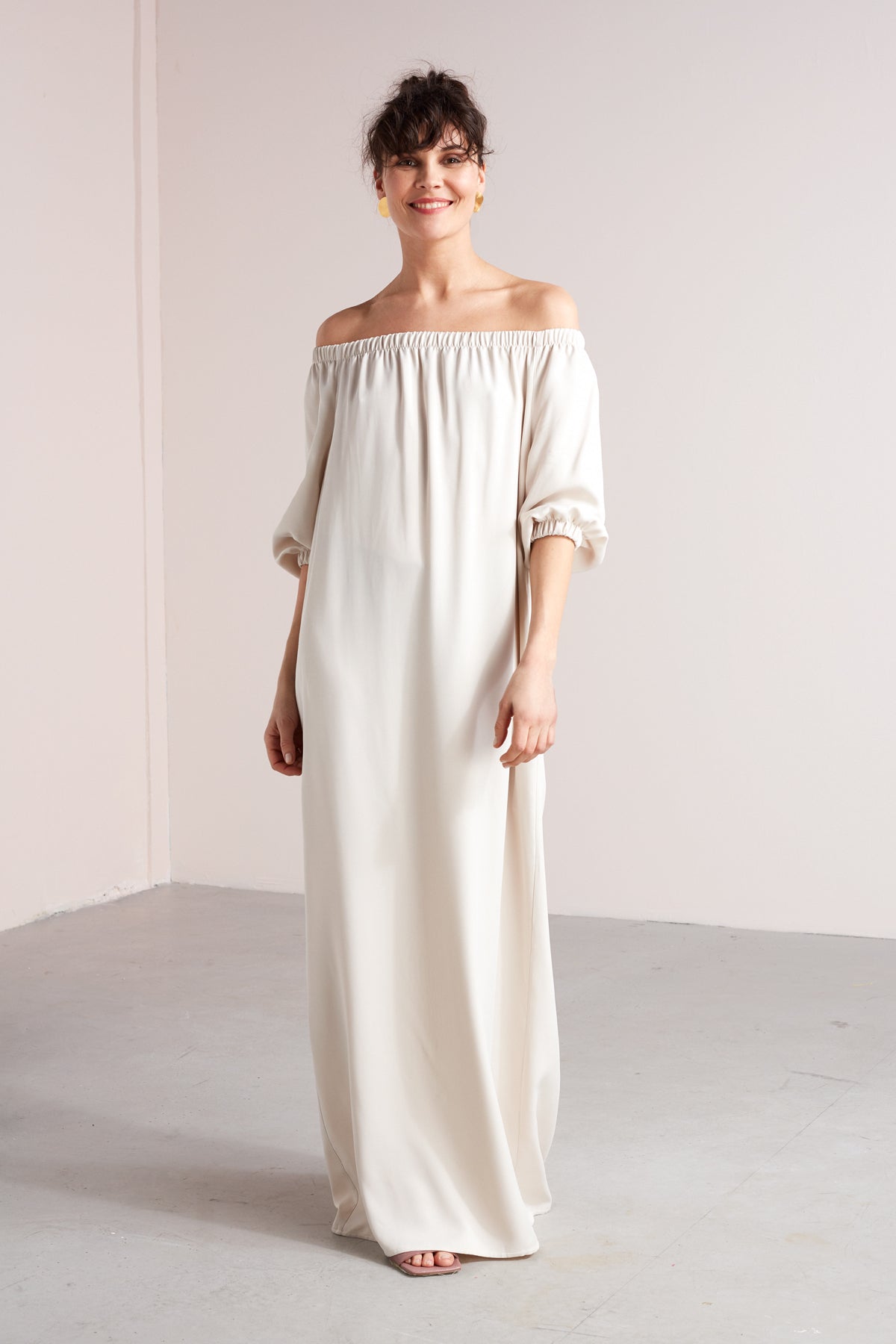 GOYA off shoulder maxi dress in pearl white