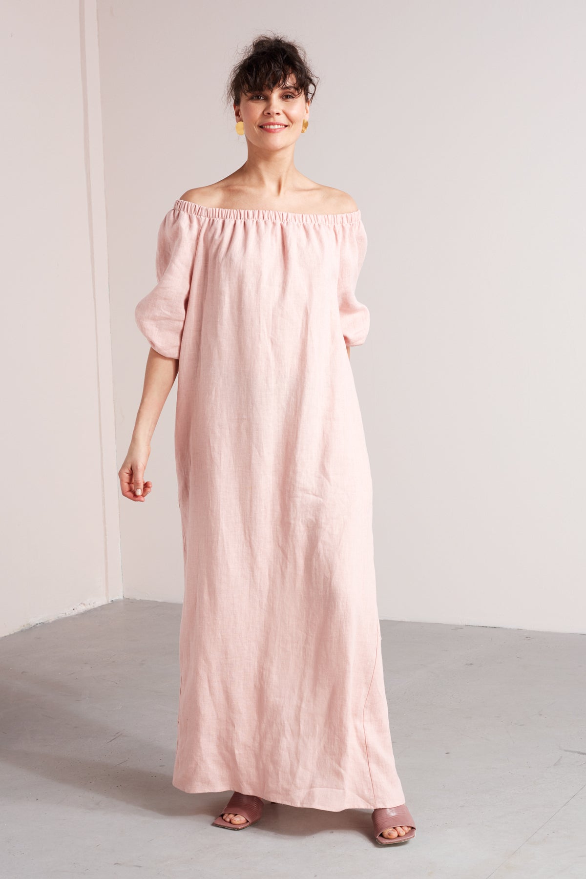 GOYA off shoulder maxi linen dress in dusty pink