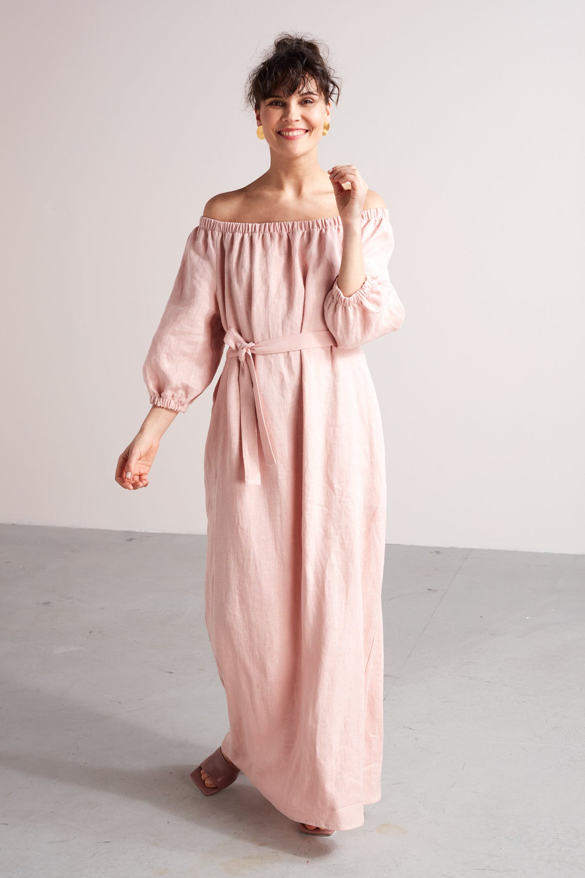 GOYA off shoulder maxi linen dress in dusty pink