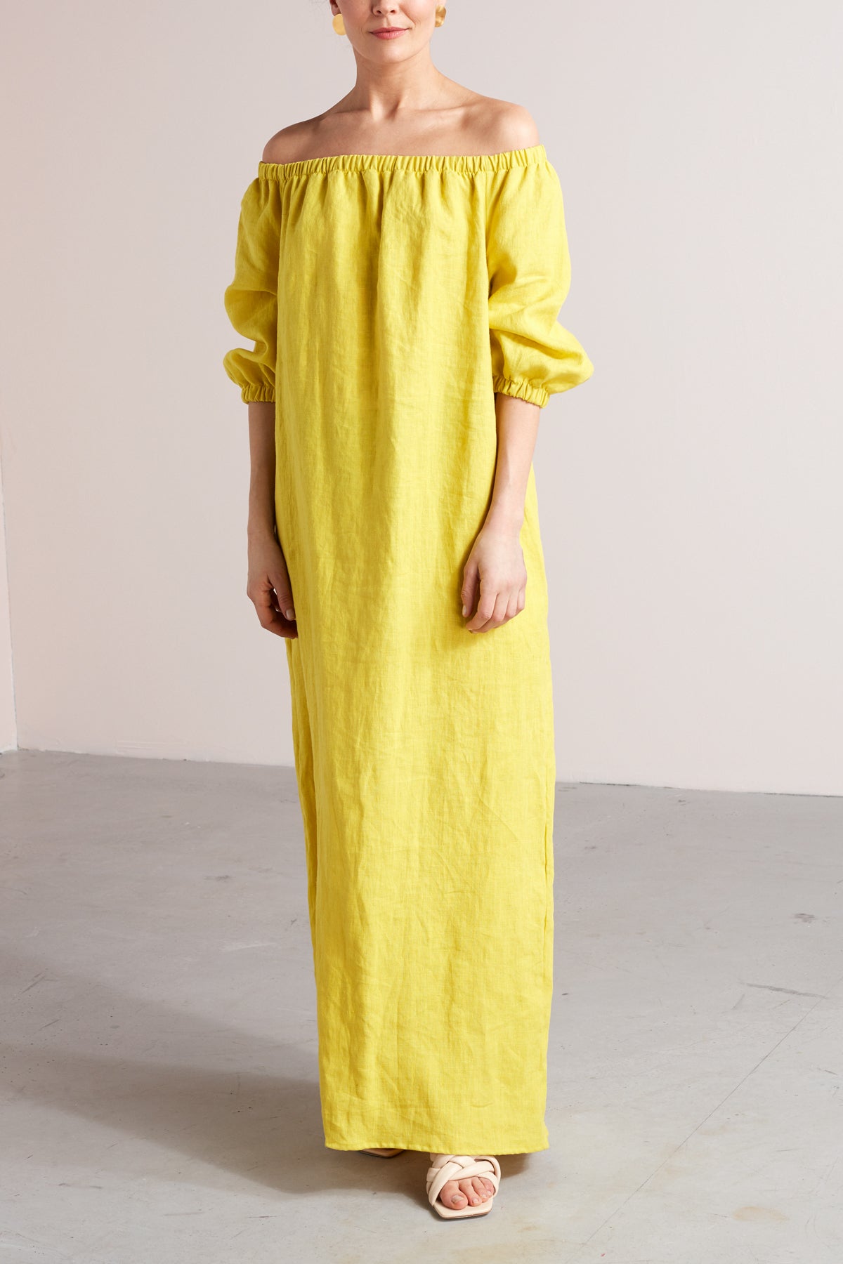 GOYA off shoulder maxi linen dress in lemon yellow