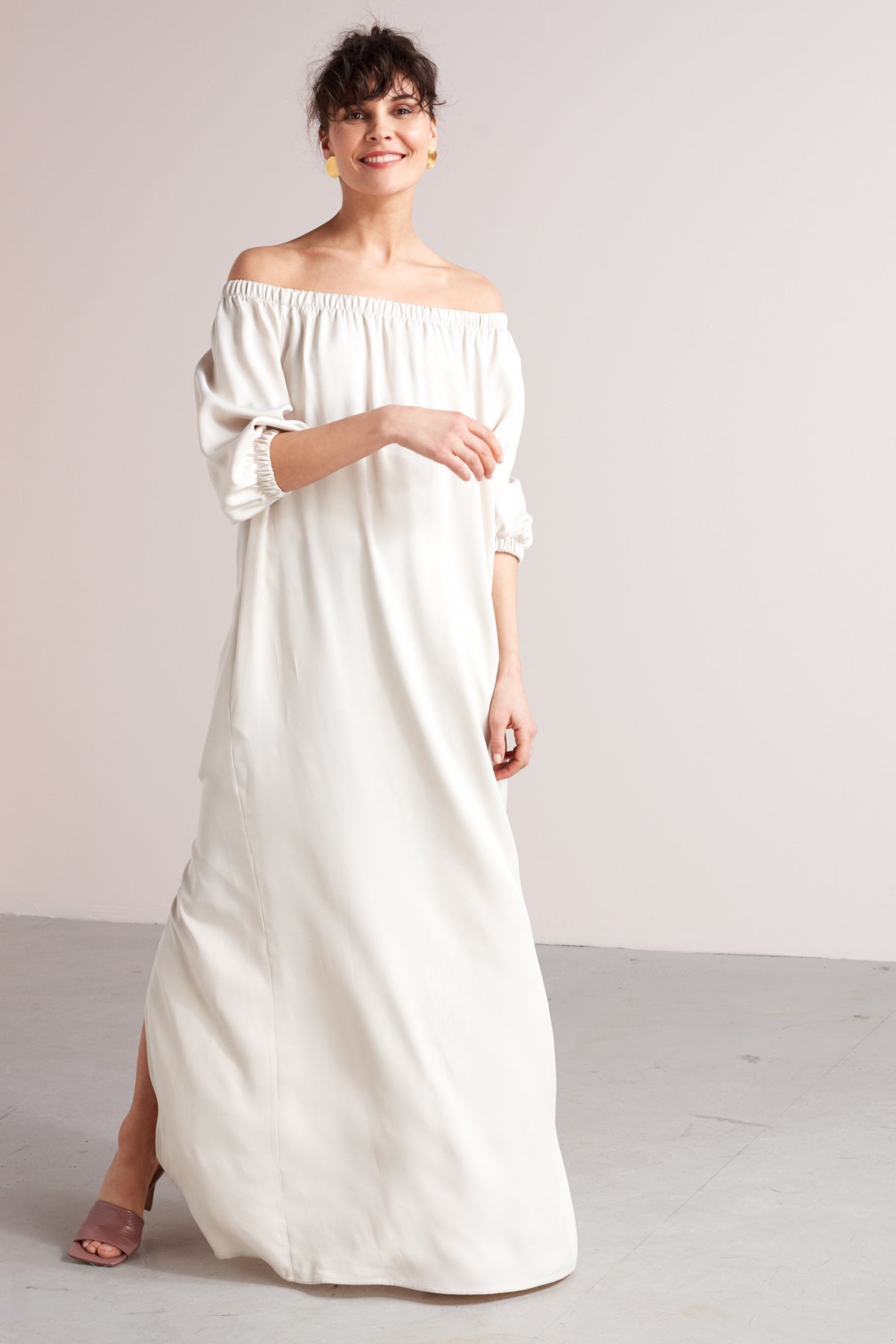 GOYA off shoulder maxi dress in pearl white