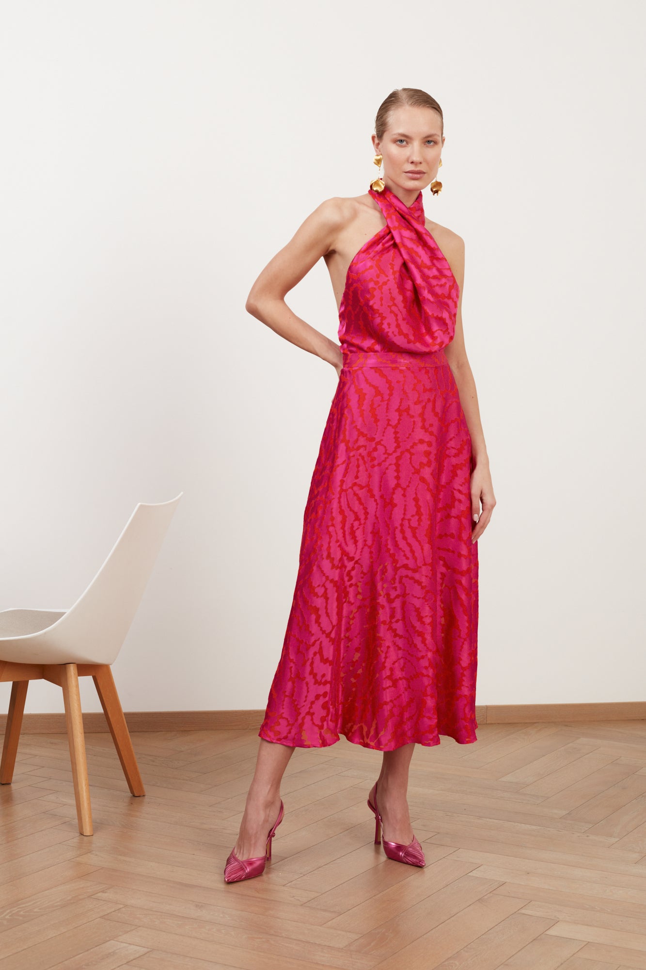 HEIDI red fuchsia print halter neck midi dress