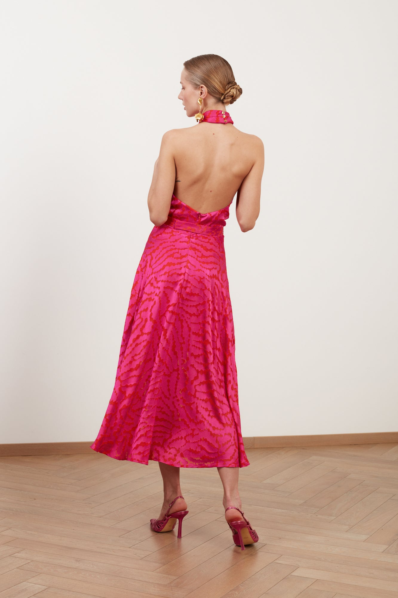 HEIDI red fuchsia print halter neck midi dress