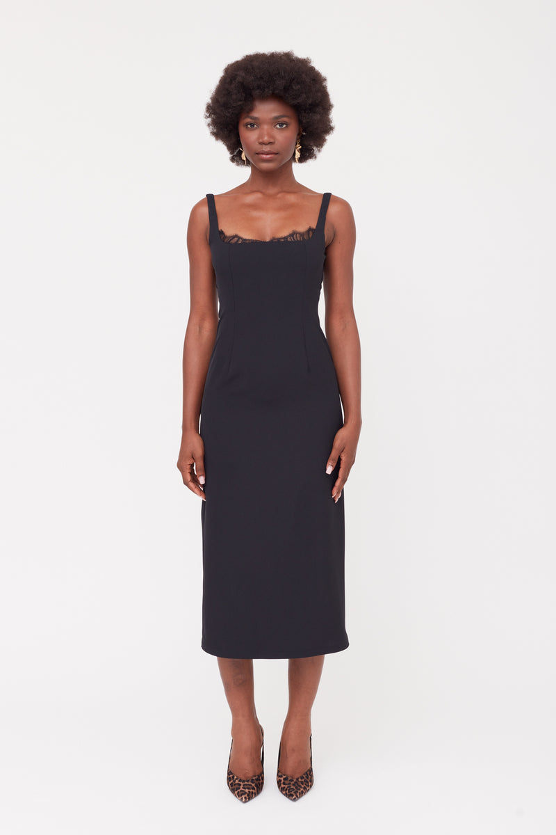 Black Lace Accent Square Neckline Dress HILDA