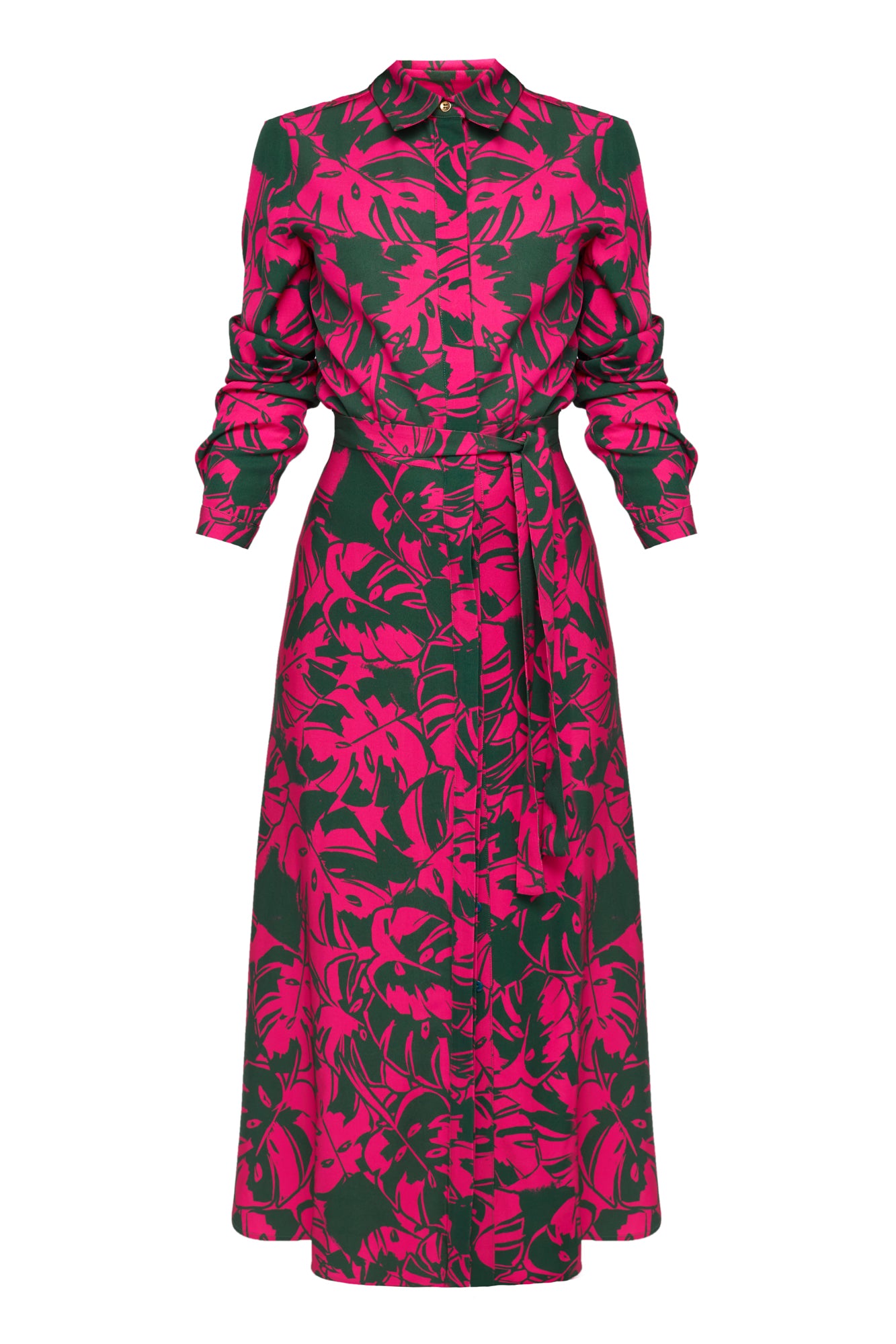 AVIA Green Magenta Pink Floral Printed Midi Shirt Dress