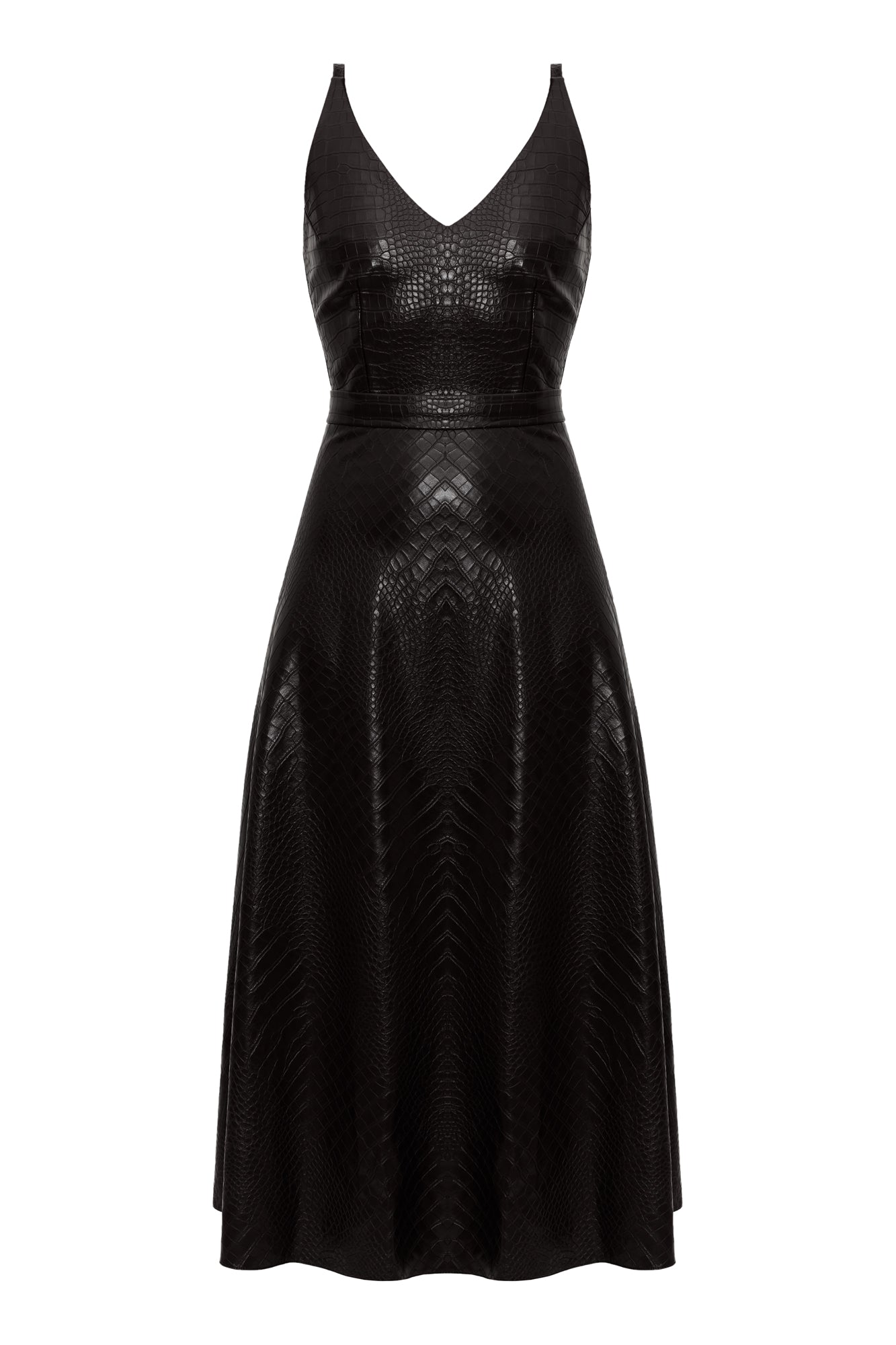 ANYA black soft vegan leather midi dress