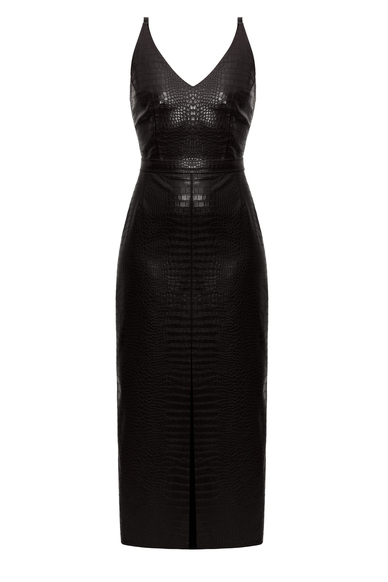 CALISTA black vegan leather midi dress