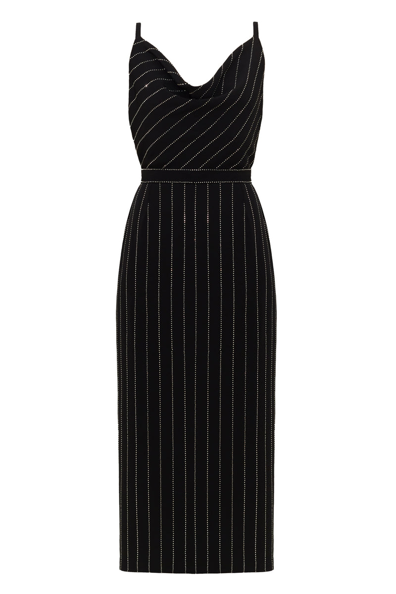 KAMEA black rhinestone stripes fabric midi dress