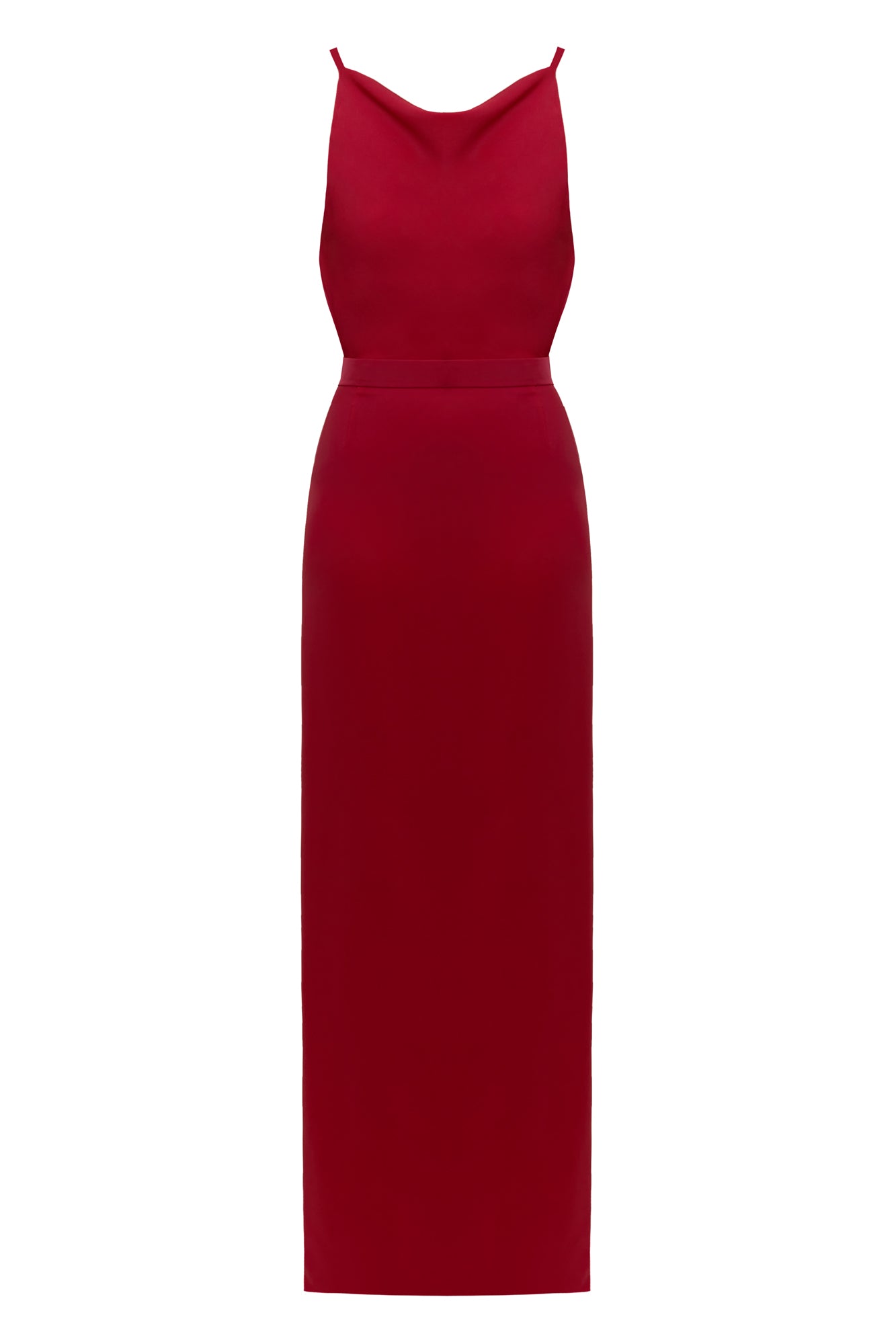 red cowl back evening dress