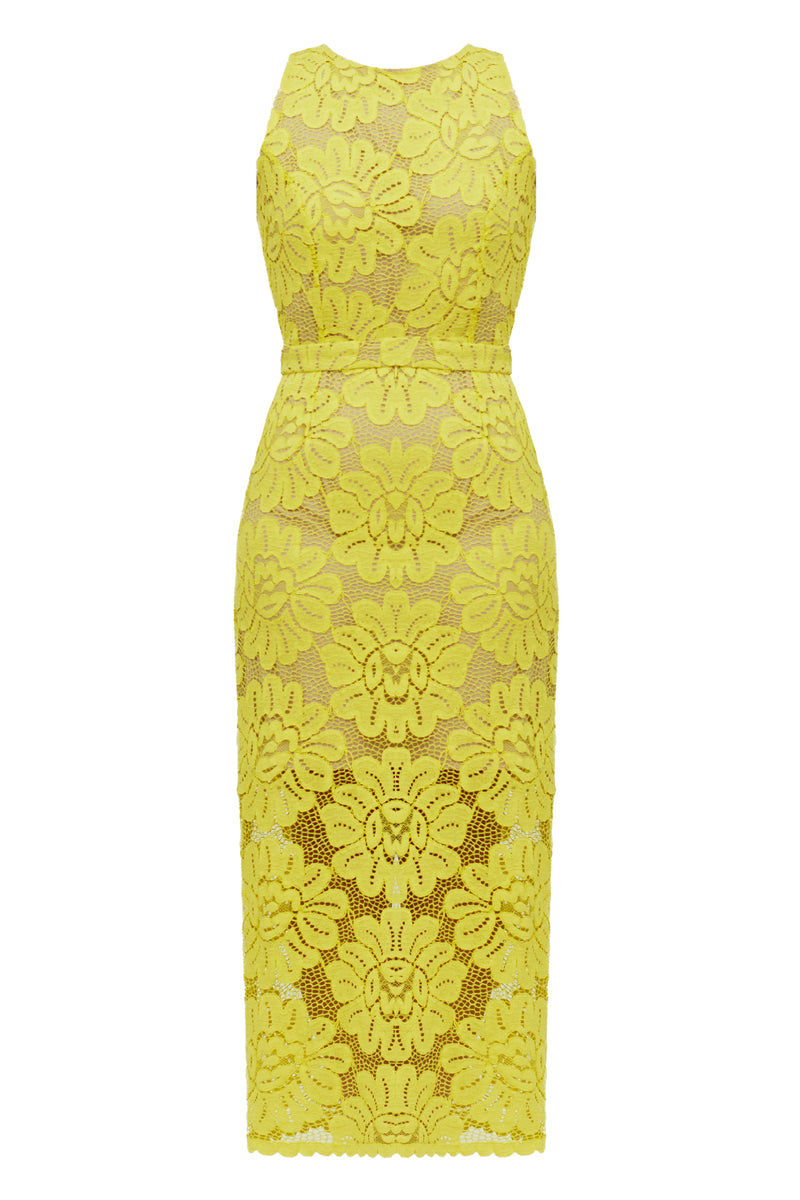 YEMA lime green lace midi dress with naked back