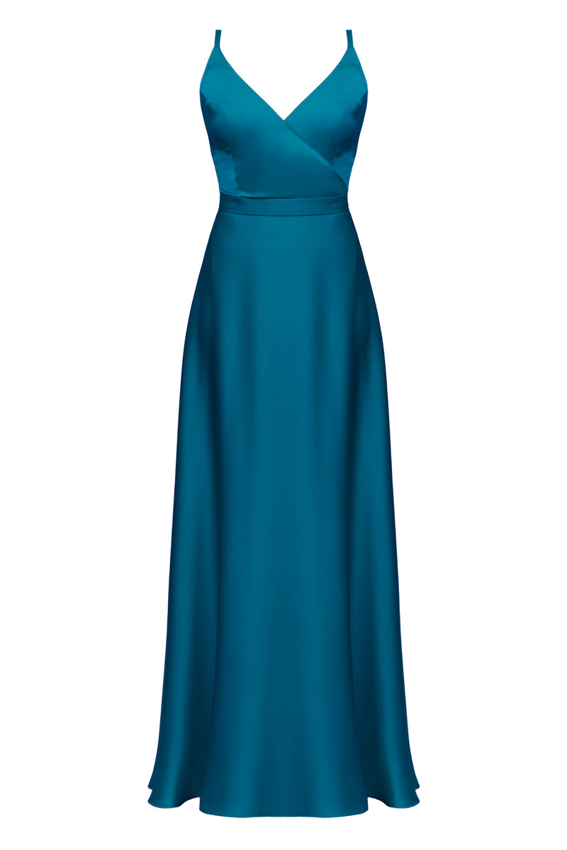 FREYA dark turquoise blue satin maxi evening dress