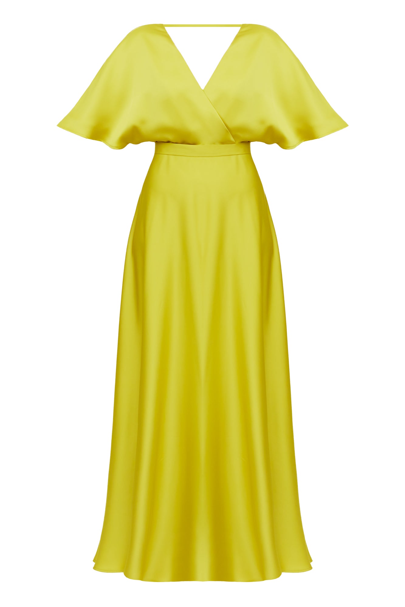 SOLENE lime green satin long evening dress with butterfly sleeves