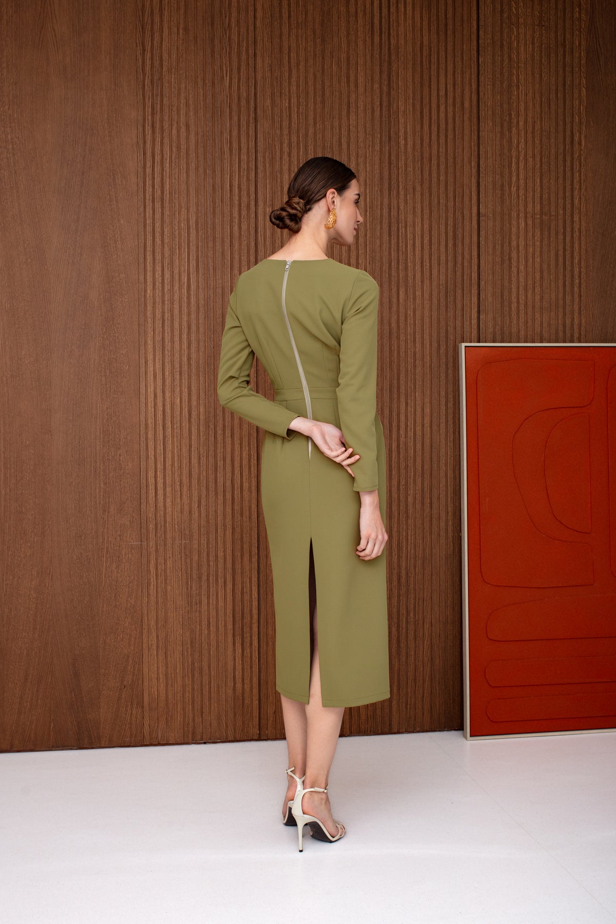 LERATO Olive Long-Sleeve Formal Midi Dress