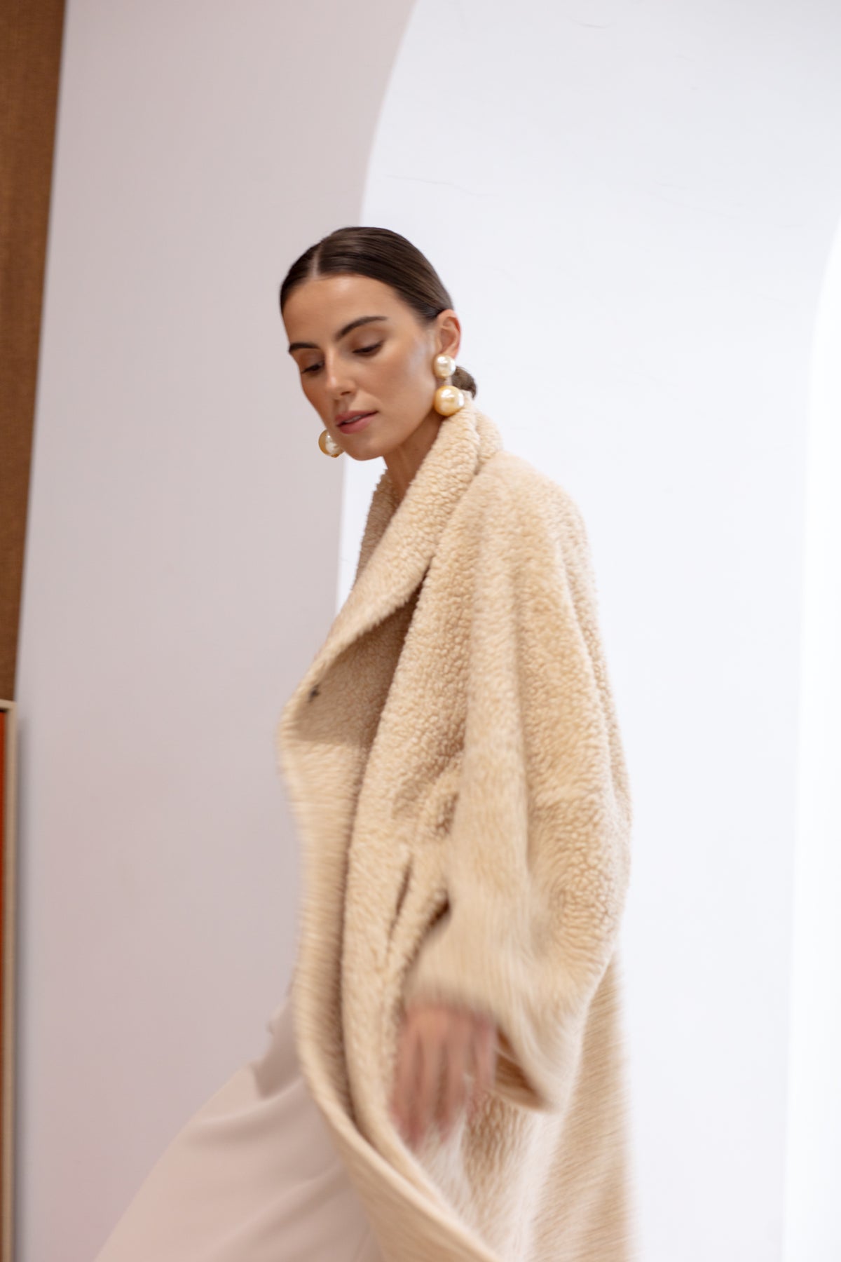 LORI Cream Belted Wool Teddy Midi Length Coat