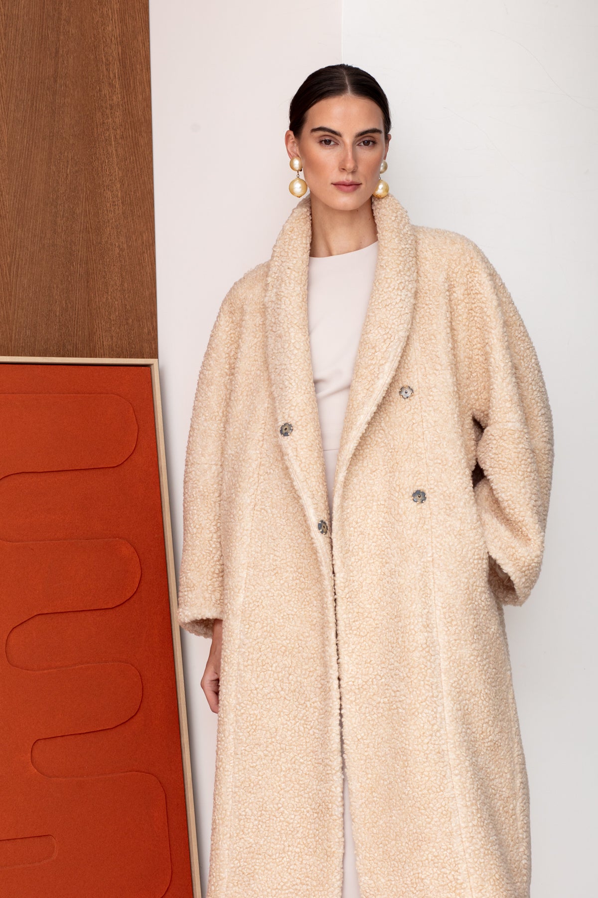 LORI Cream Belted Wool Teddy Midi Length Coat