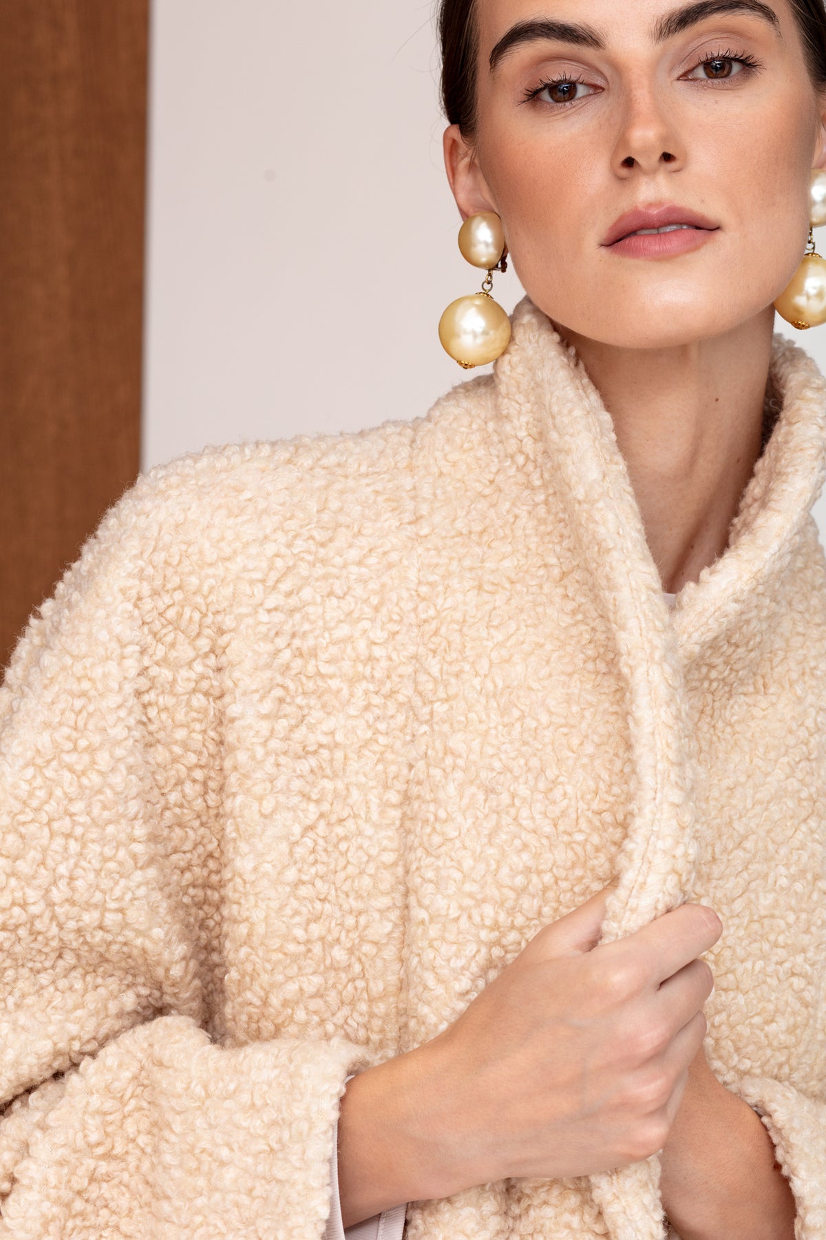 LORI Cream Belted Wool Teddy Midi Length Coat