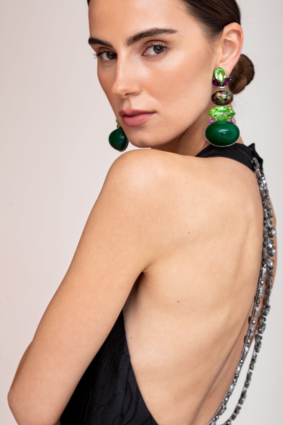 VERONICA Black Open Back Midi Dress with Sparkling Crystals Back Chain