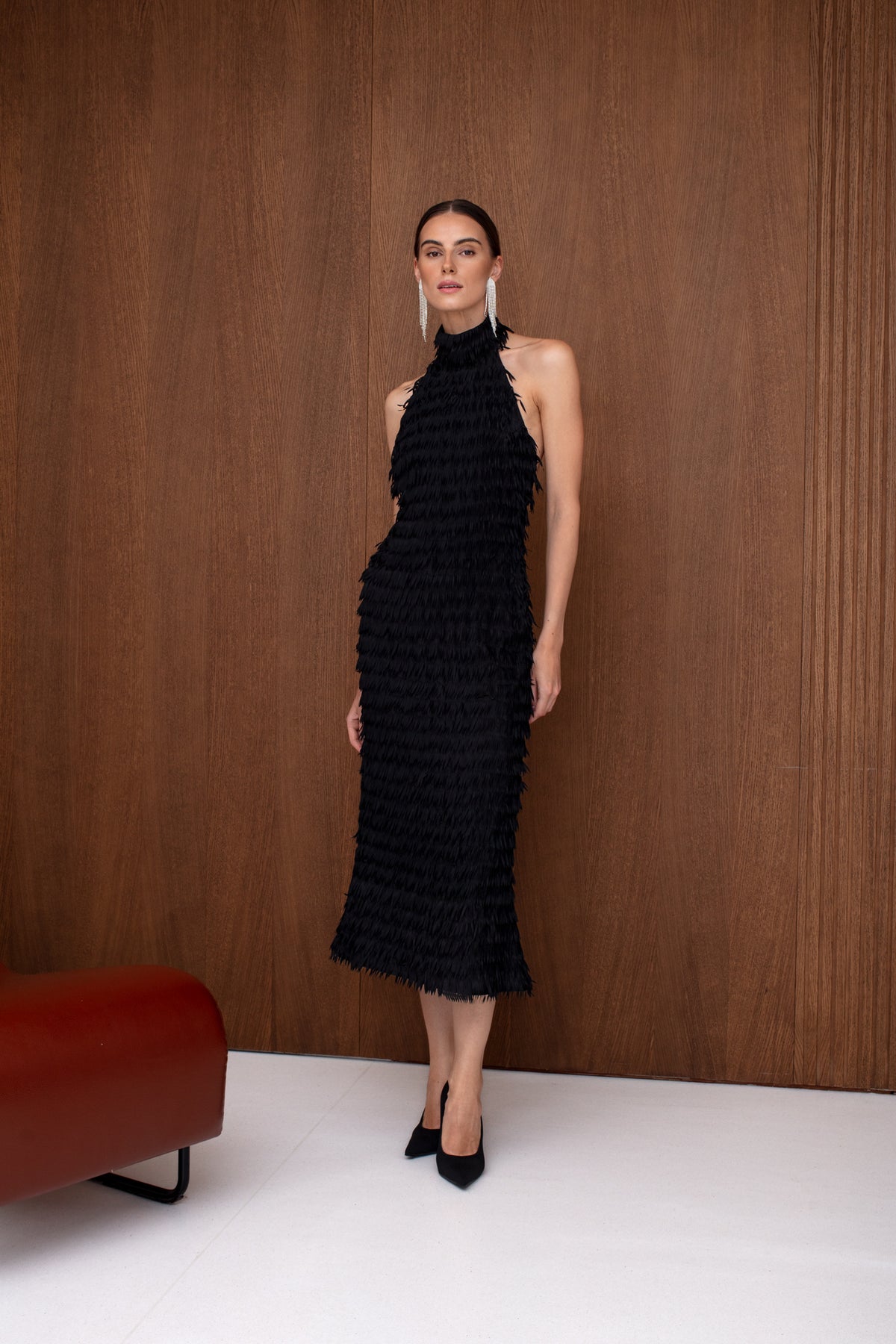 SELESTE Black Feather Midi Evening Dress