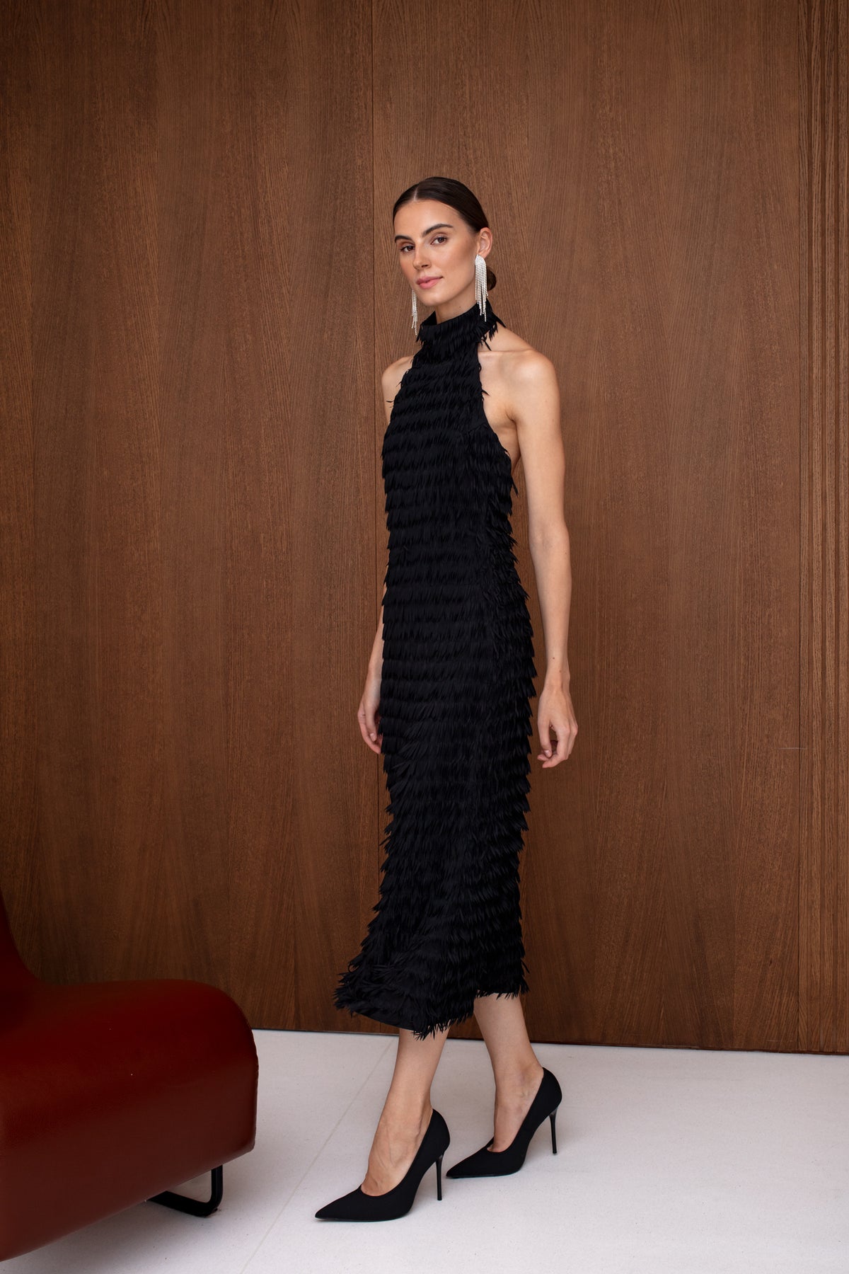 SELESTE Black Feather Midi Evening Dress