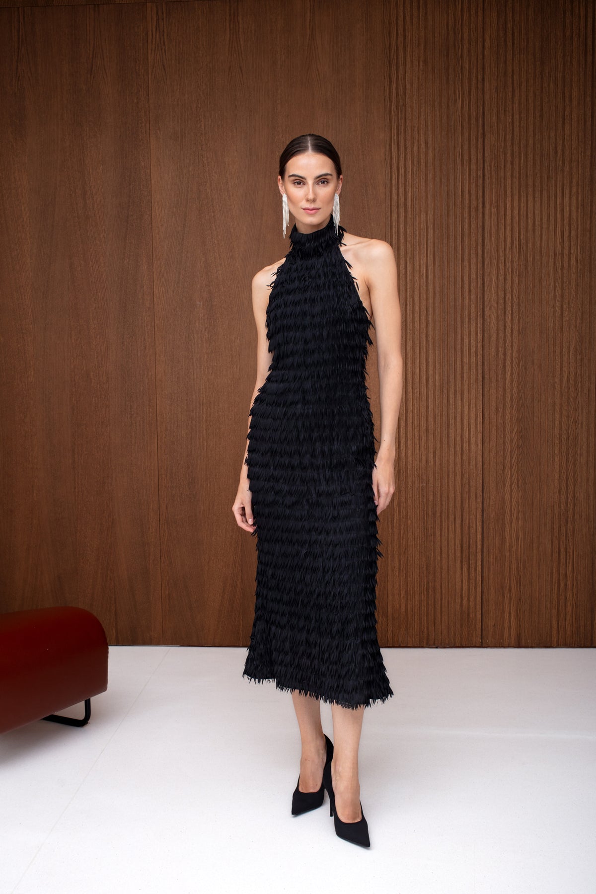 SELESTE Black Feather Midi Evening Dress