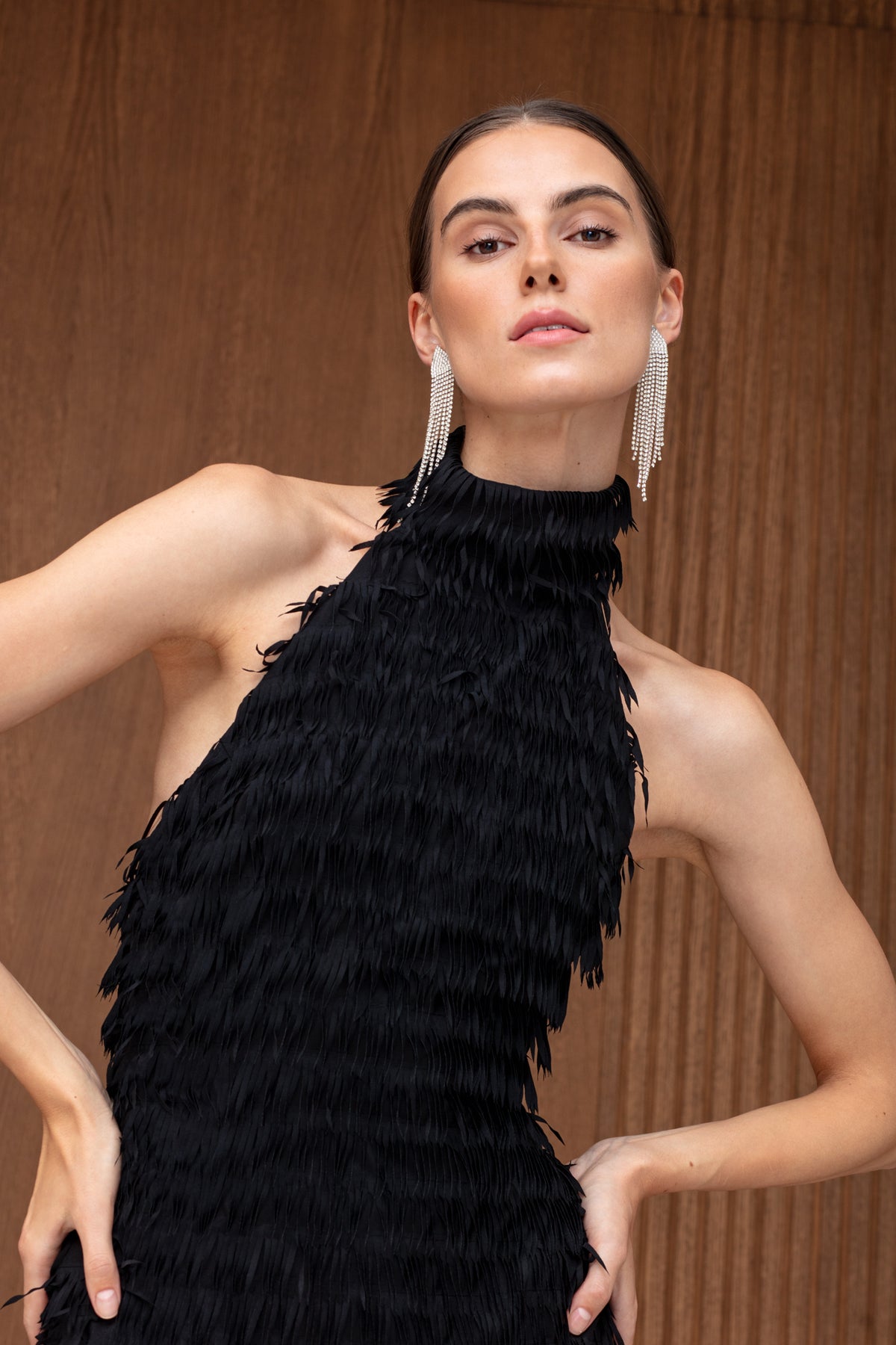 SELESTE Black Feather Midi Evening Dress
