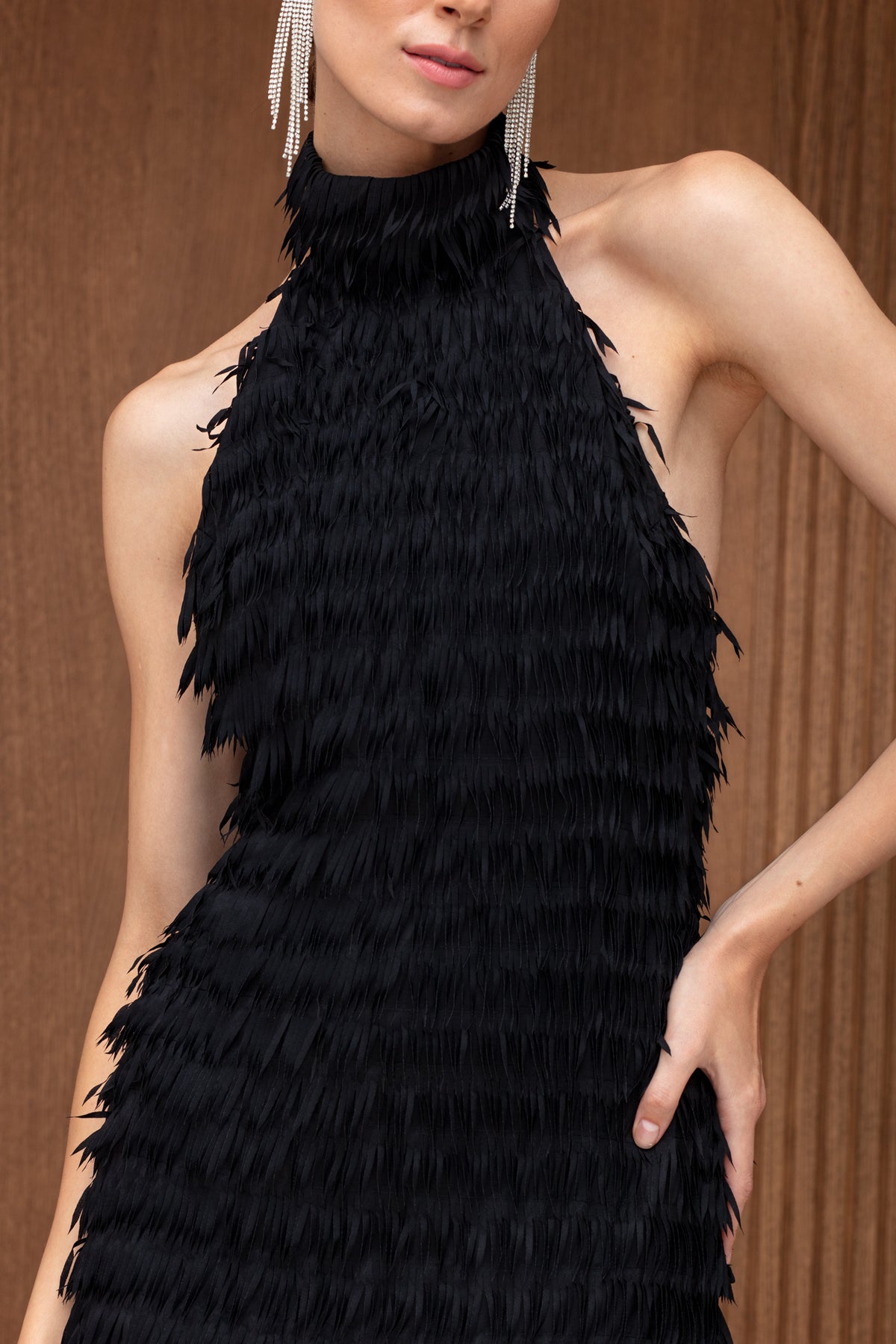 SELESTE Black Feather Midi Evening Dress