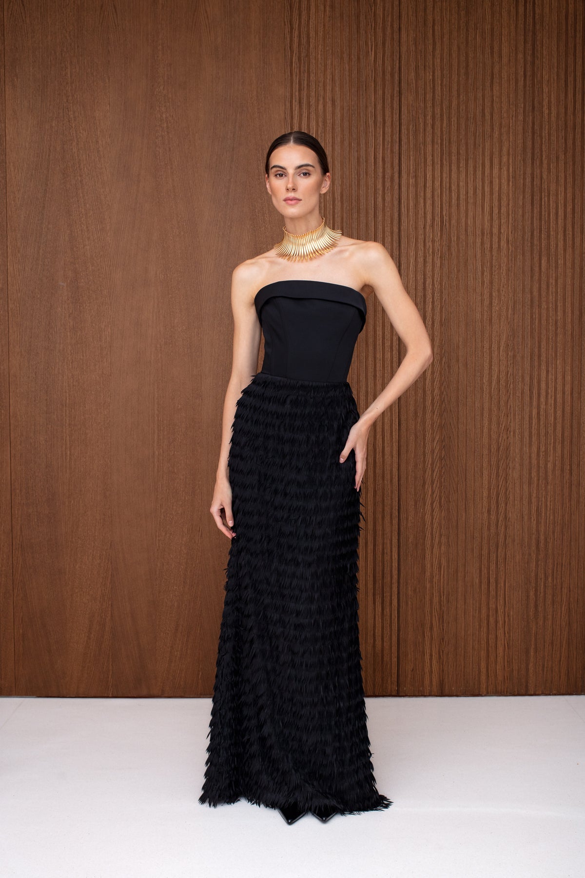 VIVIEN Black Maxi Corset Dress with Feather Pencil Skirt
