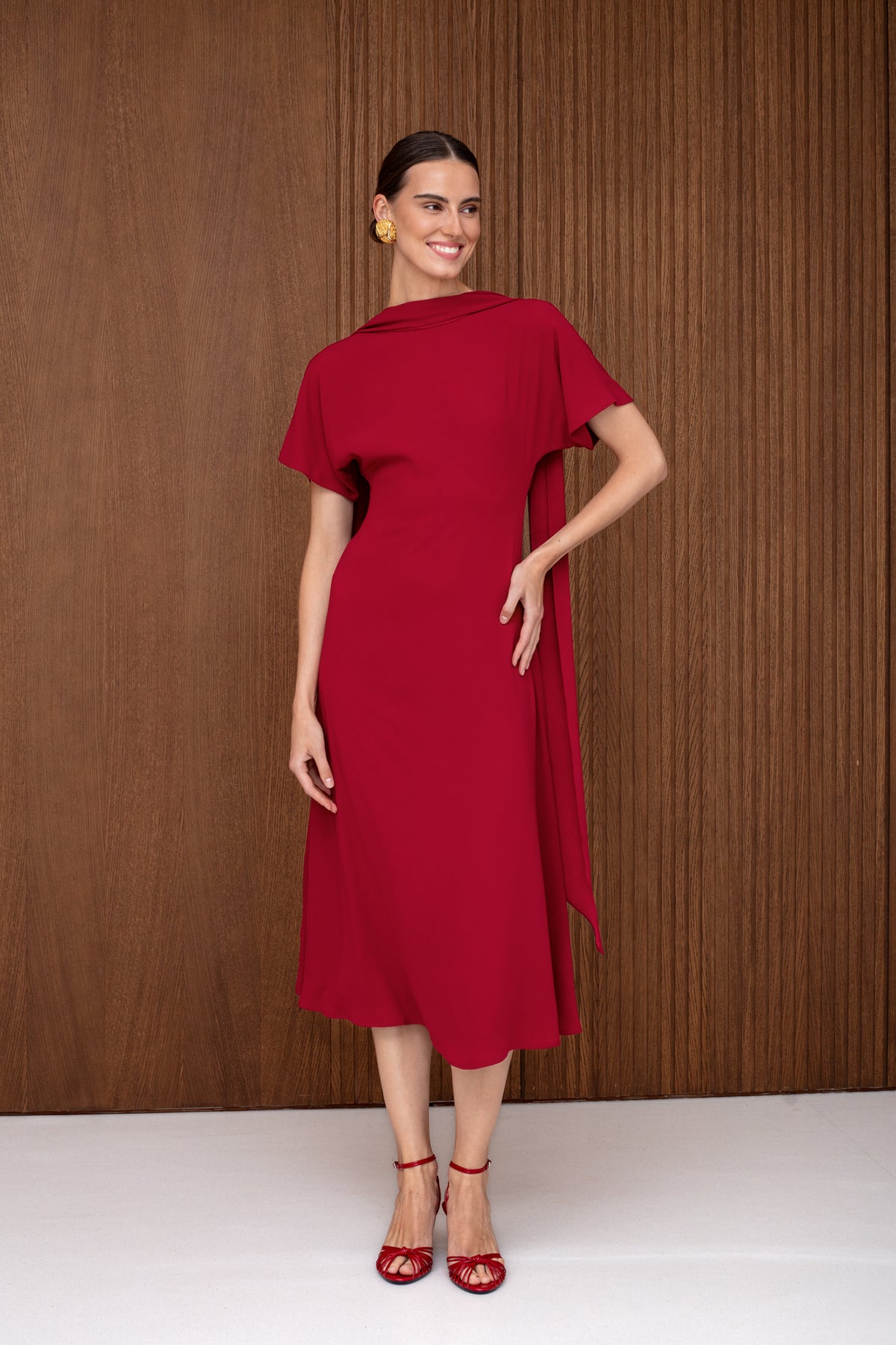 TARIKA Red Flowing Formal Midi Dress