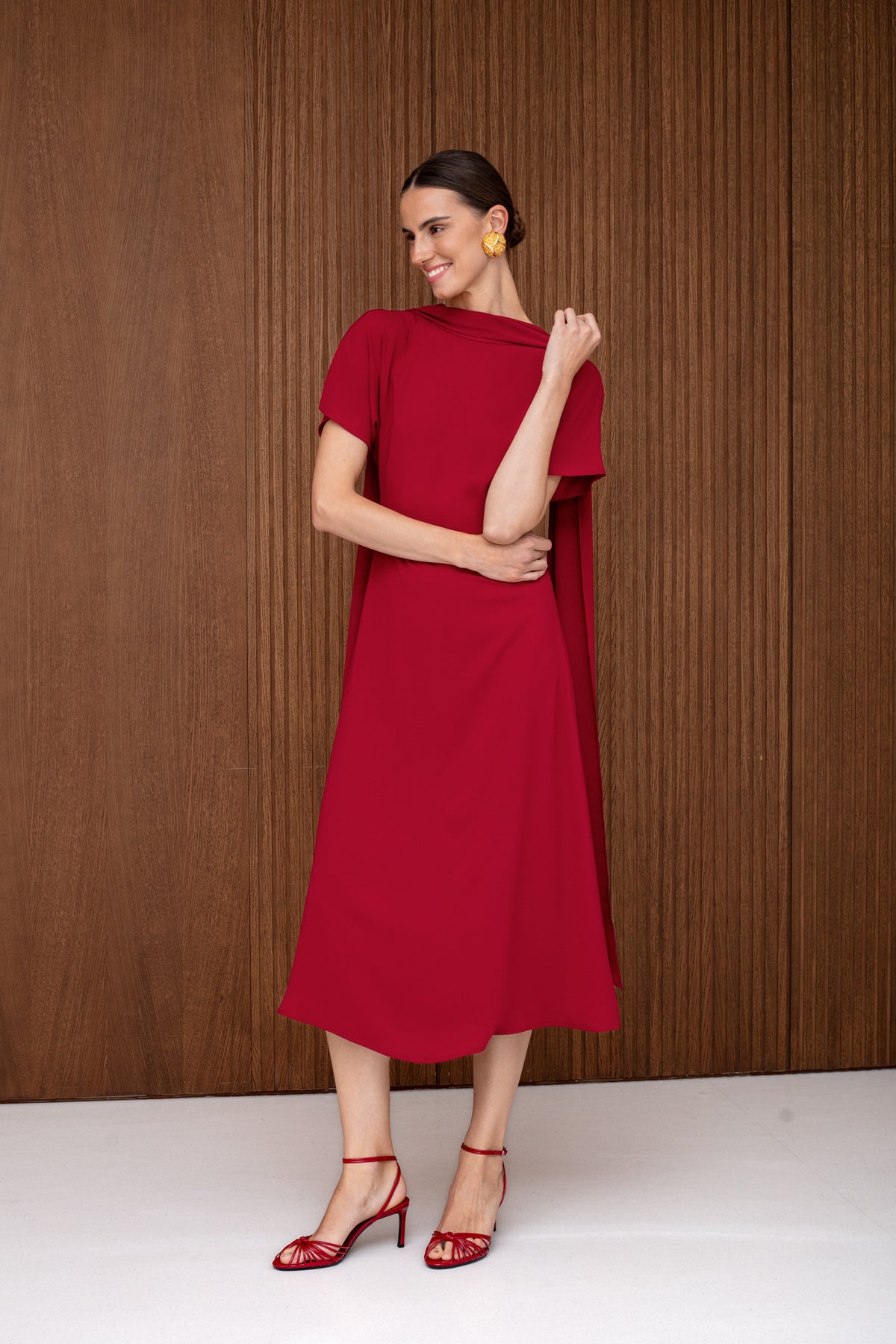 TARIKA Red Flowing Formal Midi Dress
