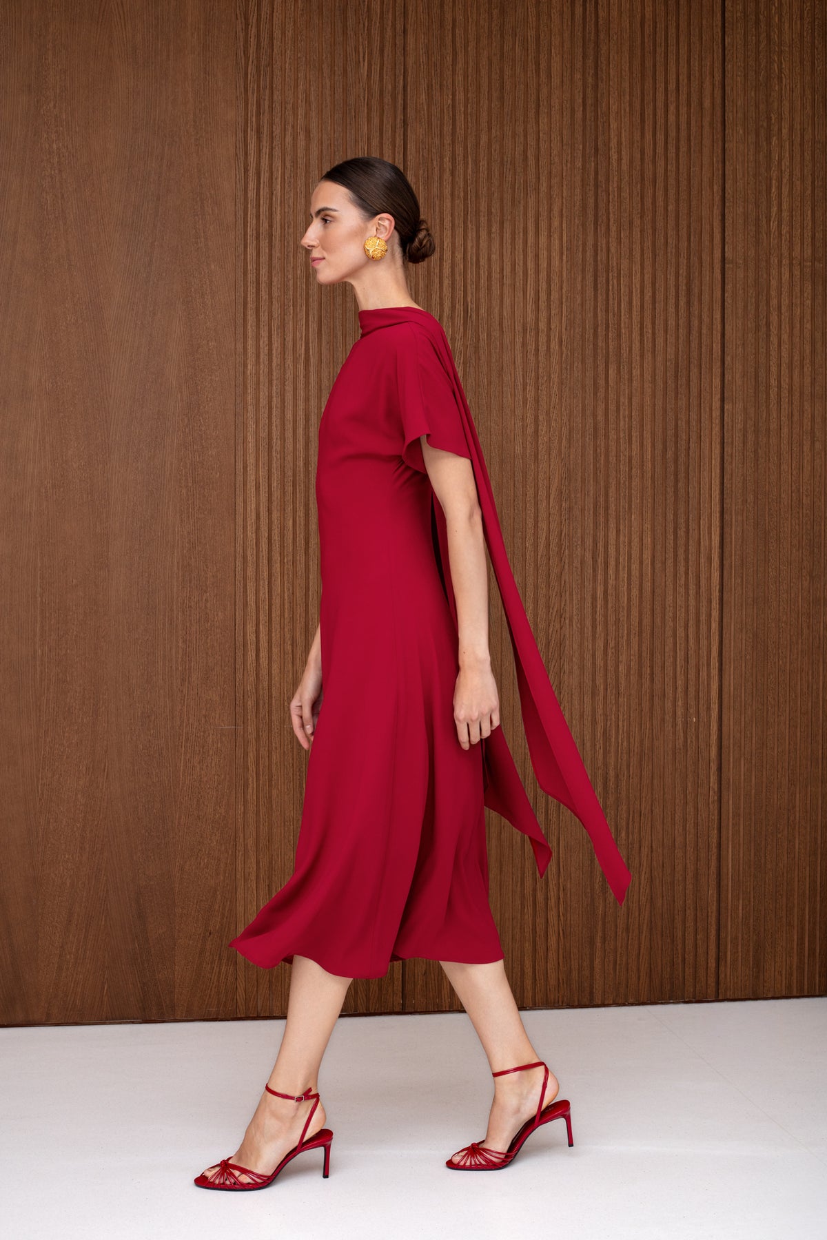 TARIKA Red Flowing Formal Midi Dress