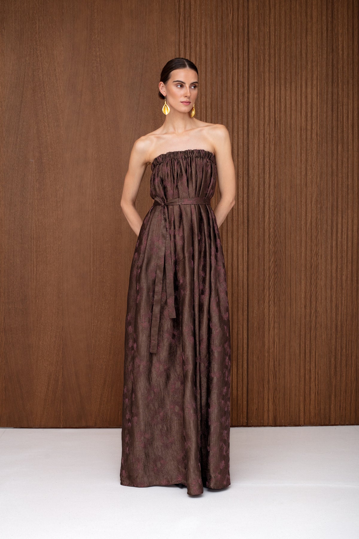 ESTE Brown Floral Off Shoulder Maxi Dress