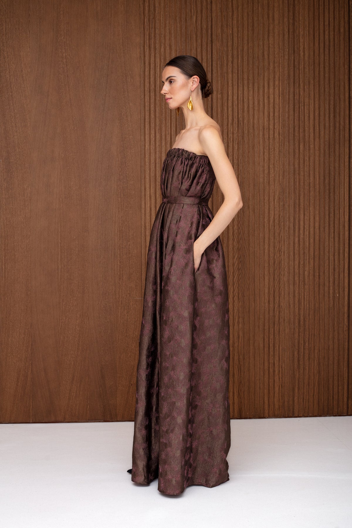 ESTE Brown Floral Off Shoulder Maxi Dress