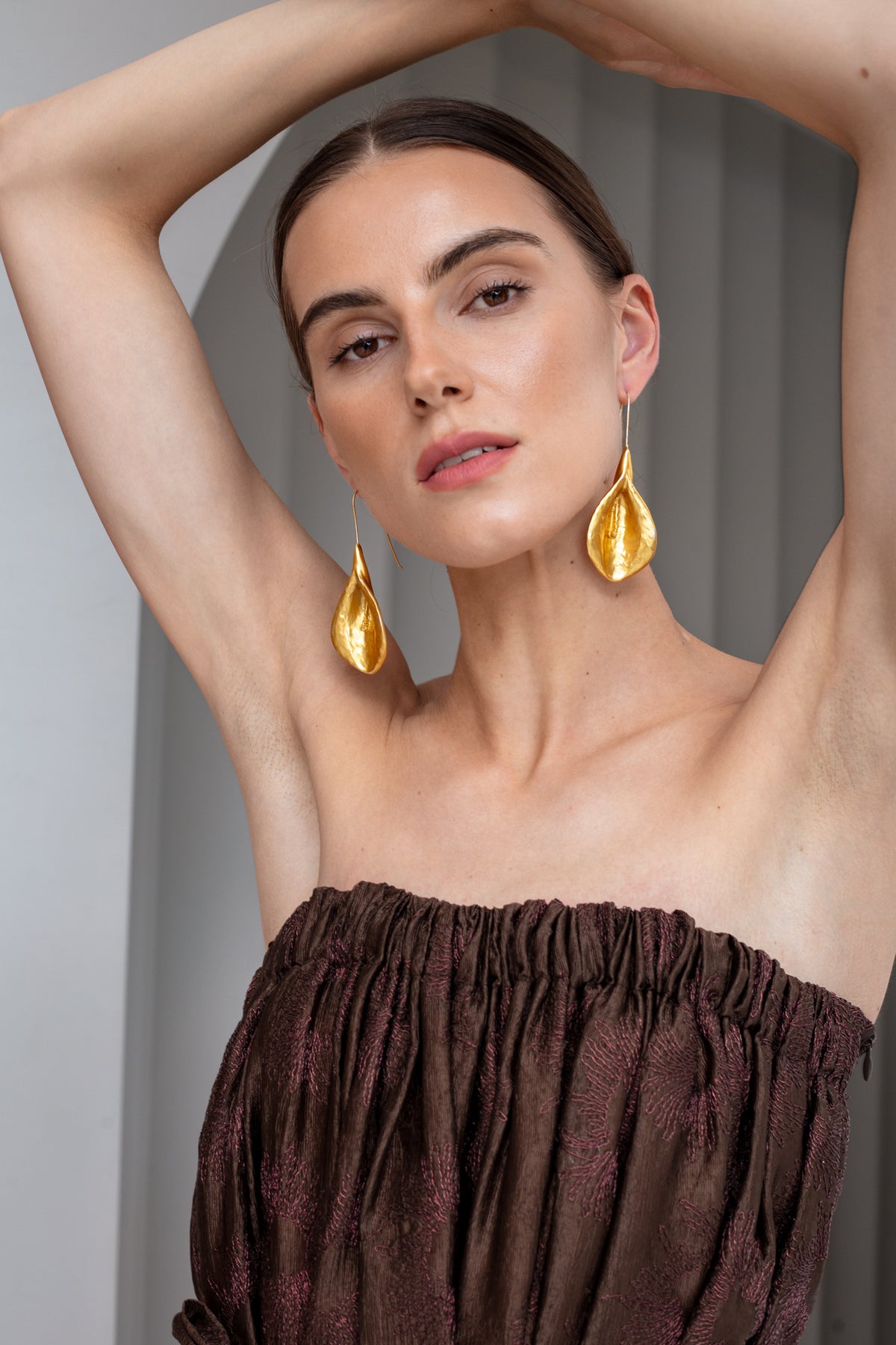 ESTE Brown Floral Off Shoulder Maxi Dress