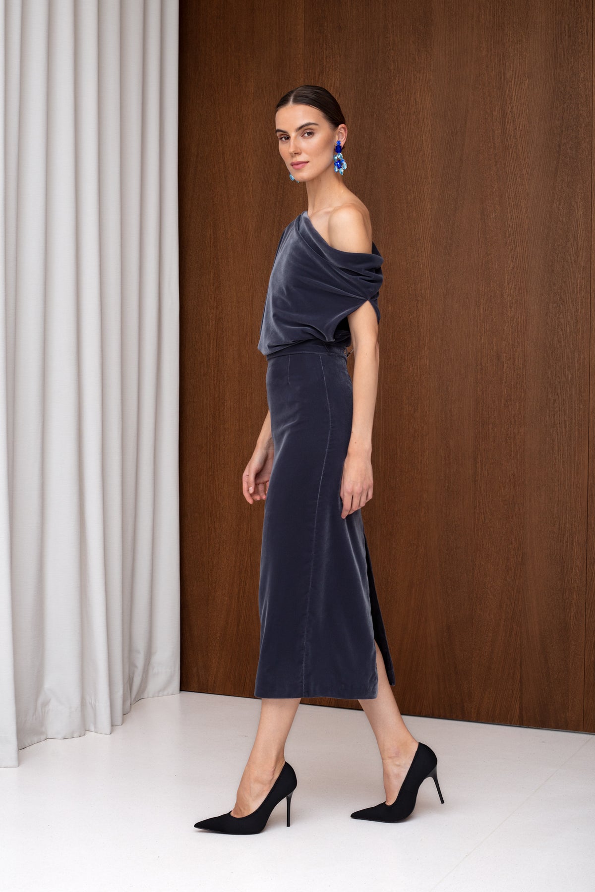 MARGO Grey Velvet Asymmetric Elegant Midi Dress