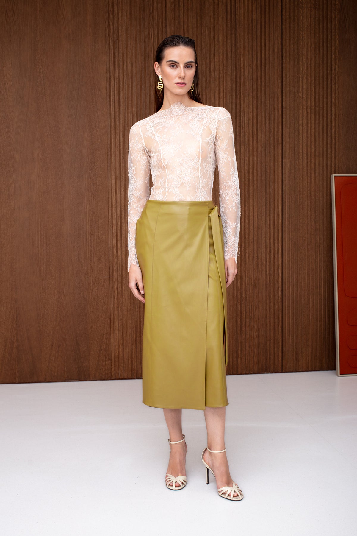 MELODY Olive Midi Wrap Skirt with Tie Detail