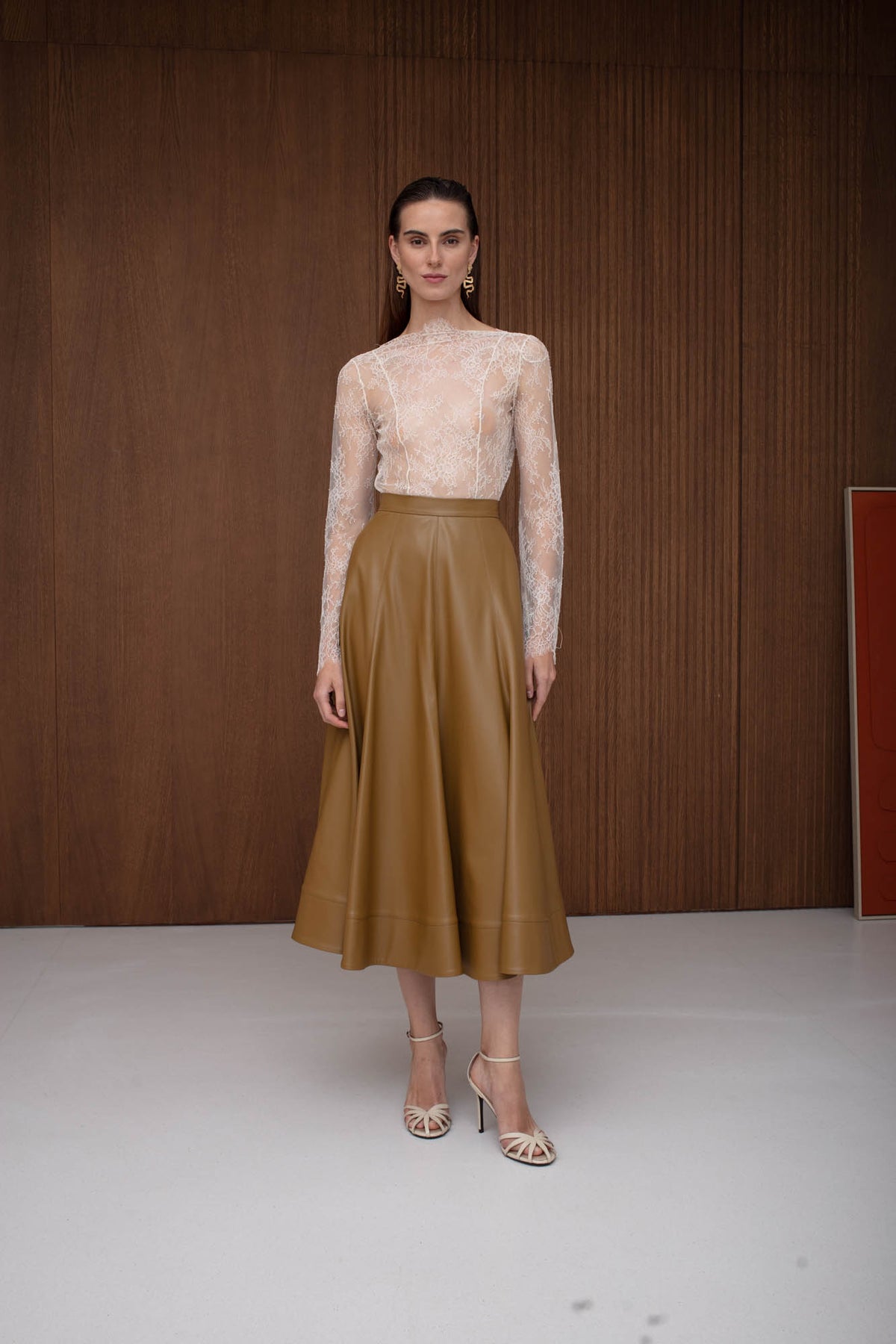 AYLA Olive Leather  A-Line Midi Skirt